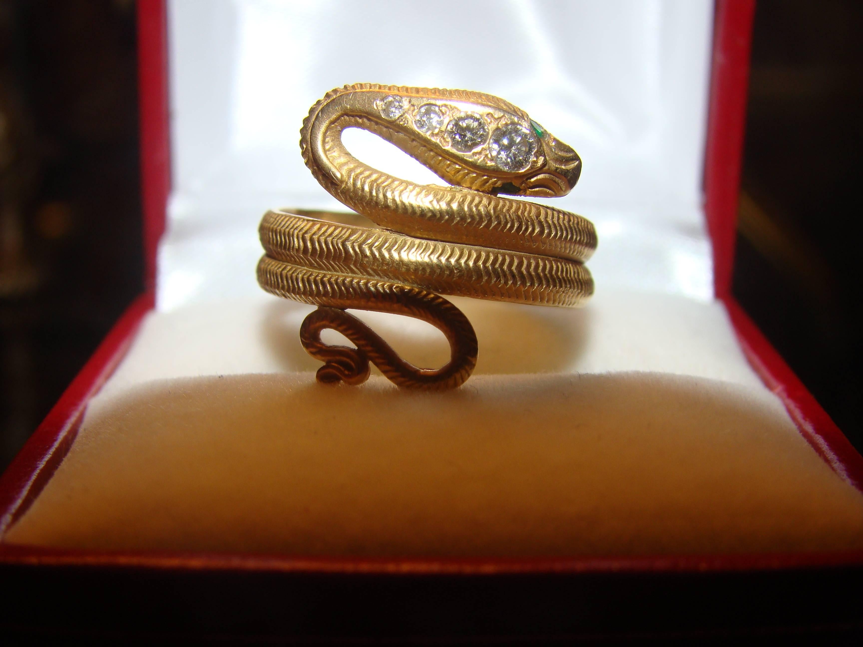 Mid-20th Century 18kt Gold Antique Snake Ring with Diamonds and Emerald Eyes