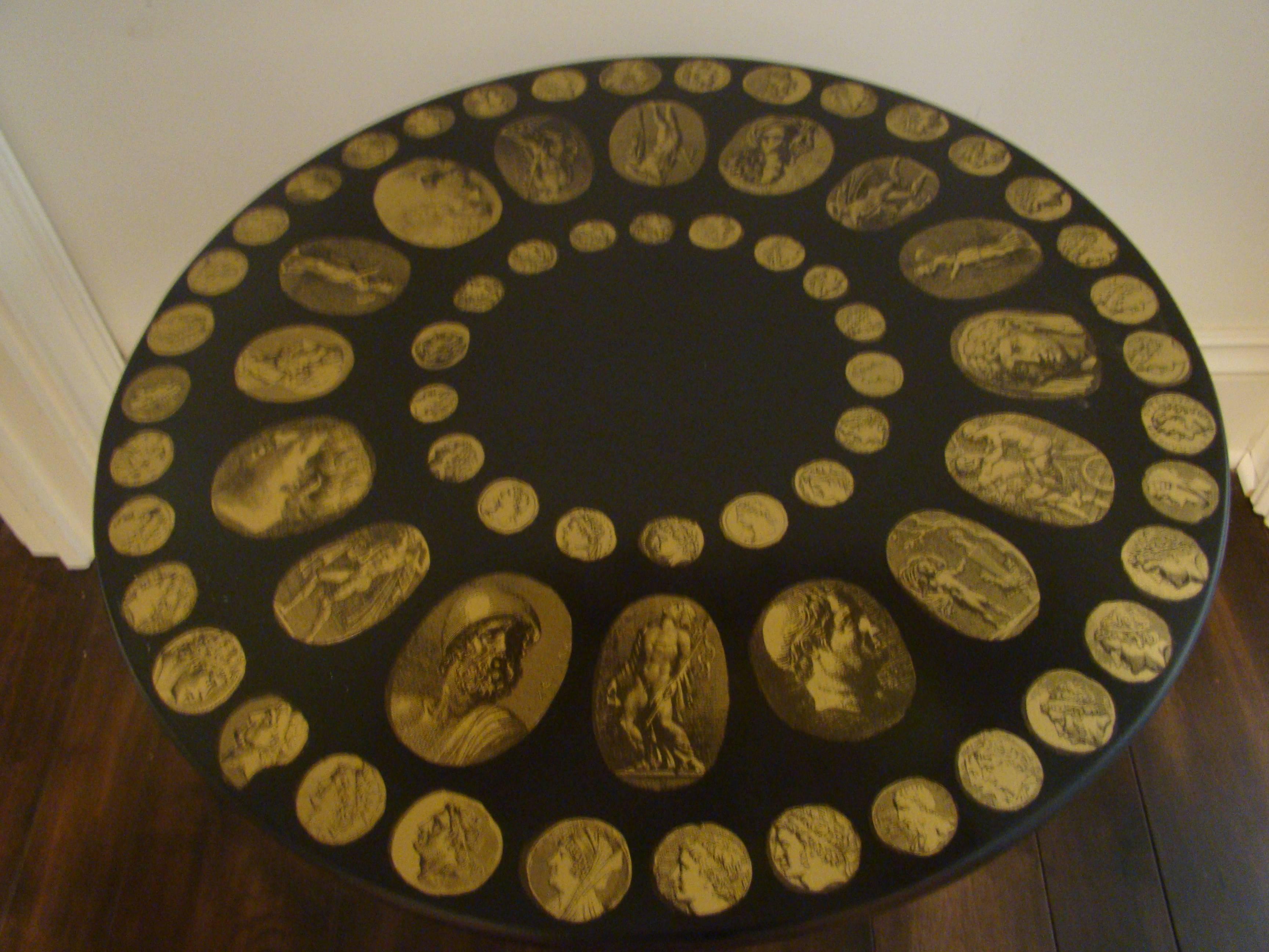 Mid-Century Modern Fornasetti Sculptural Coin Motif Brass Tripod Table