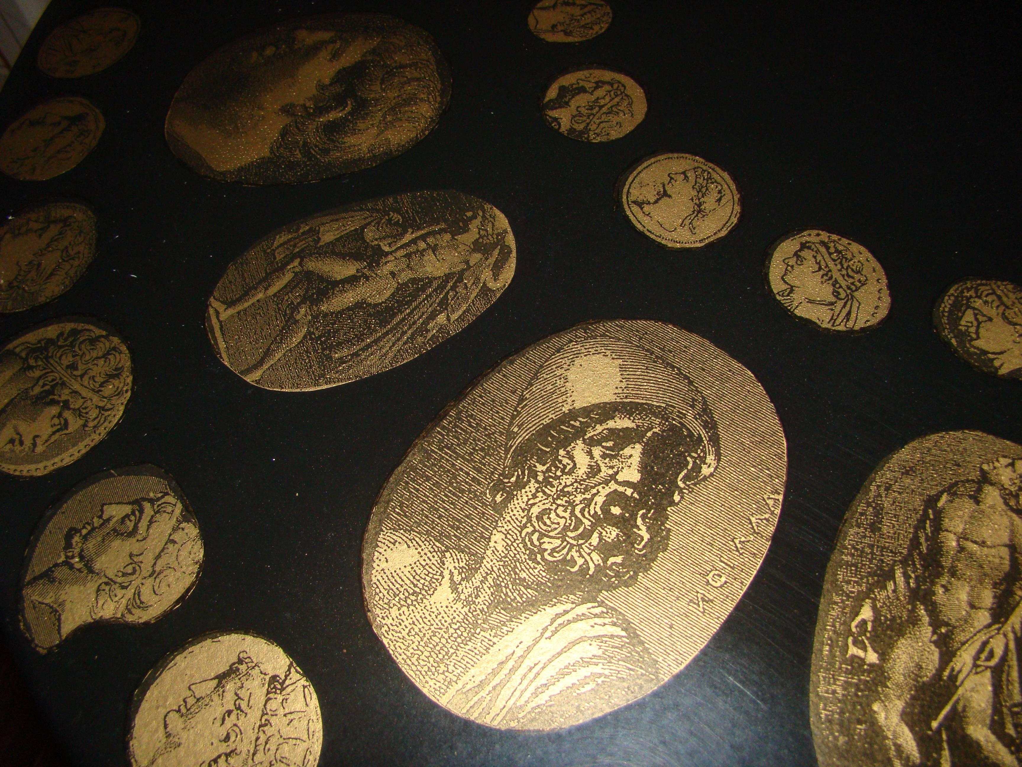 Italian Fornasetti Sculptural Coin Motif Brass Tripod Table