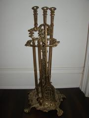 Early Brass Fire Tool Set with Hunting Theme