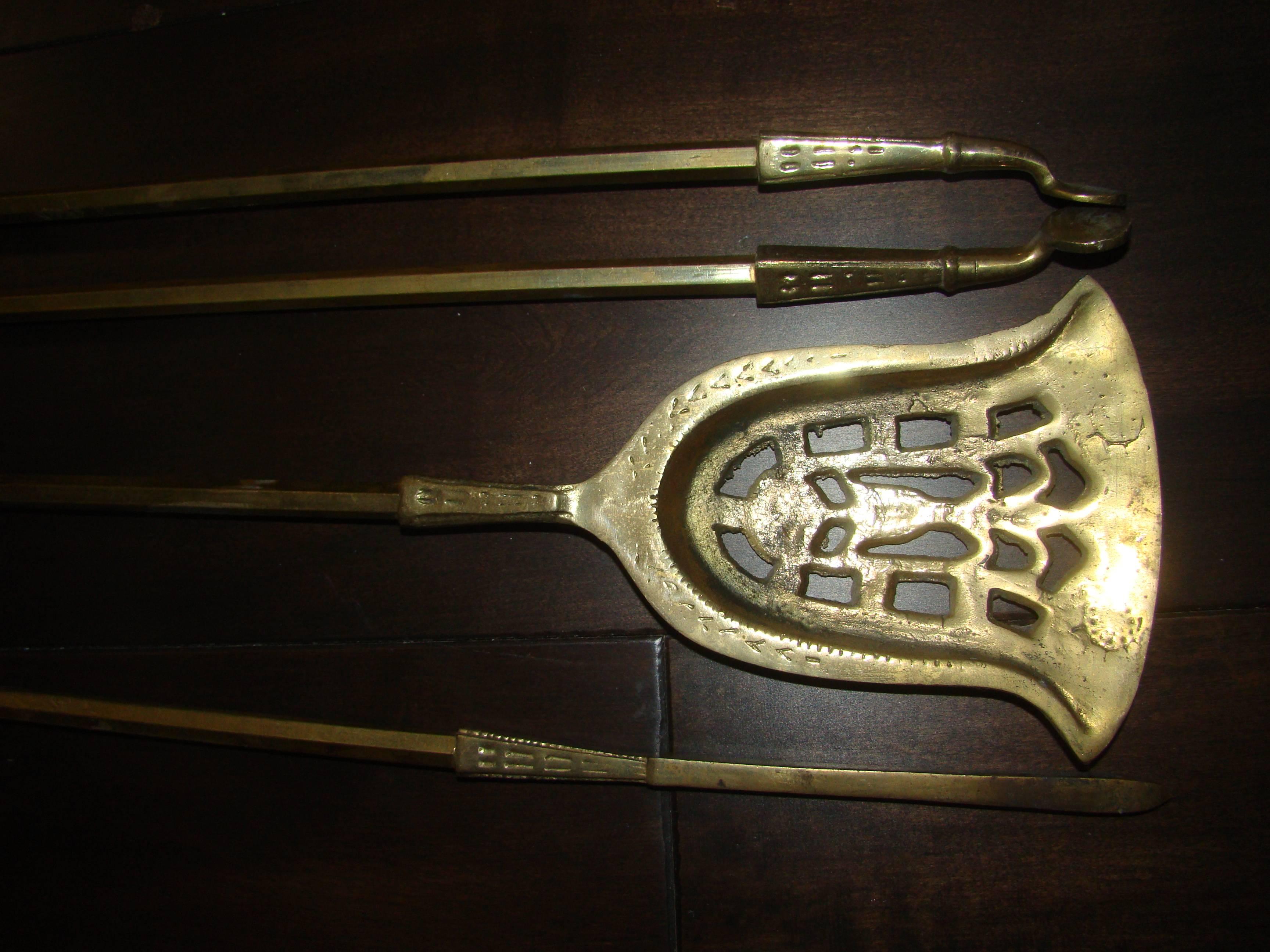 Early Brass Fire Tool Set with Hunting Theme For Sale 1
