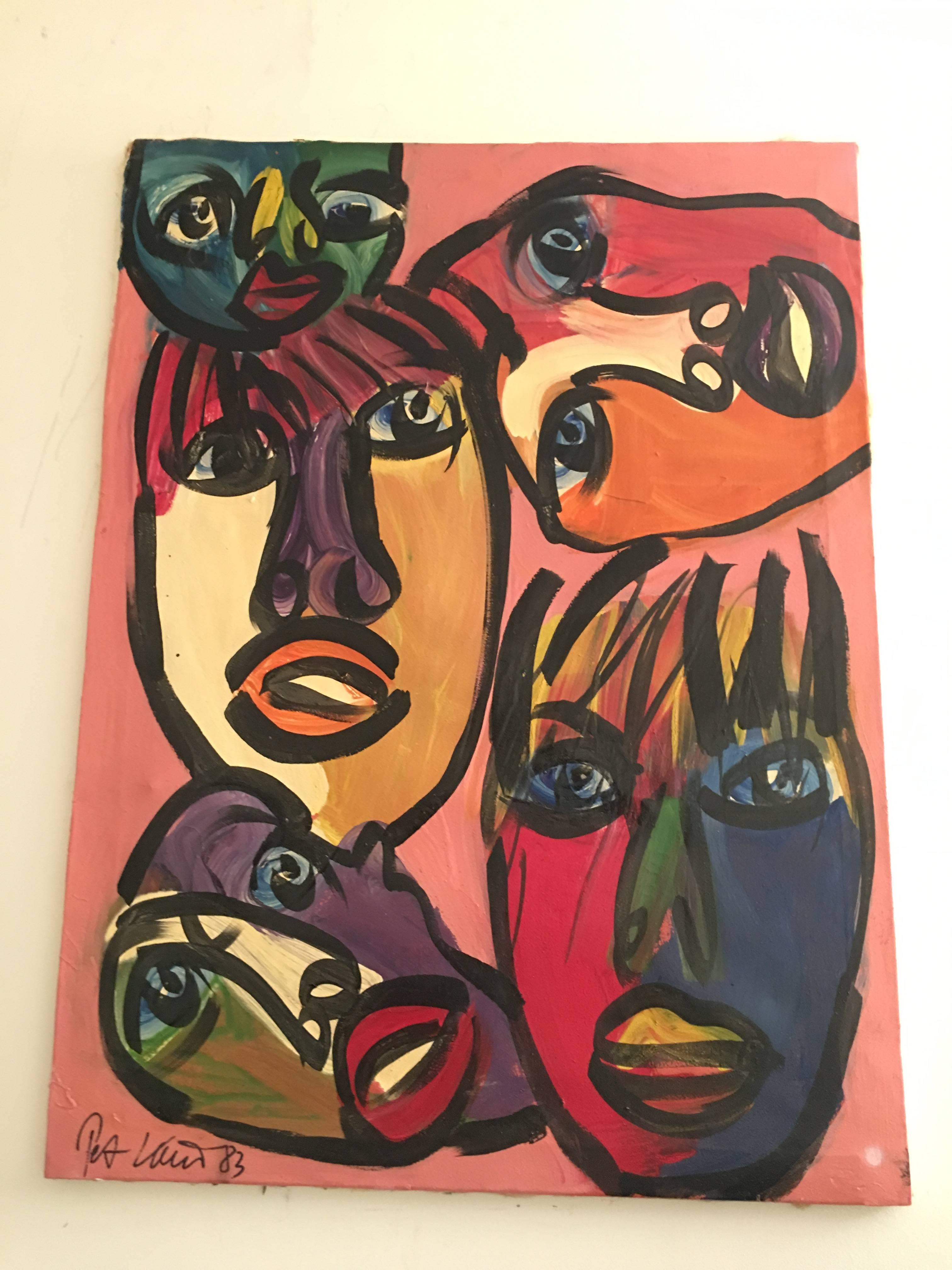 Terrific abstract painting by listed German artist Peter Keil. Painting depicts colorful abstract faces in oil paint executed on canvas. Signed and dated 1983.