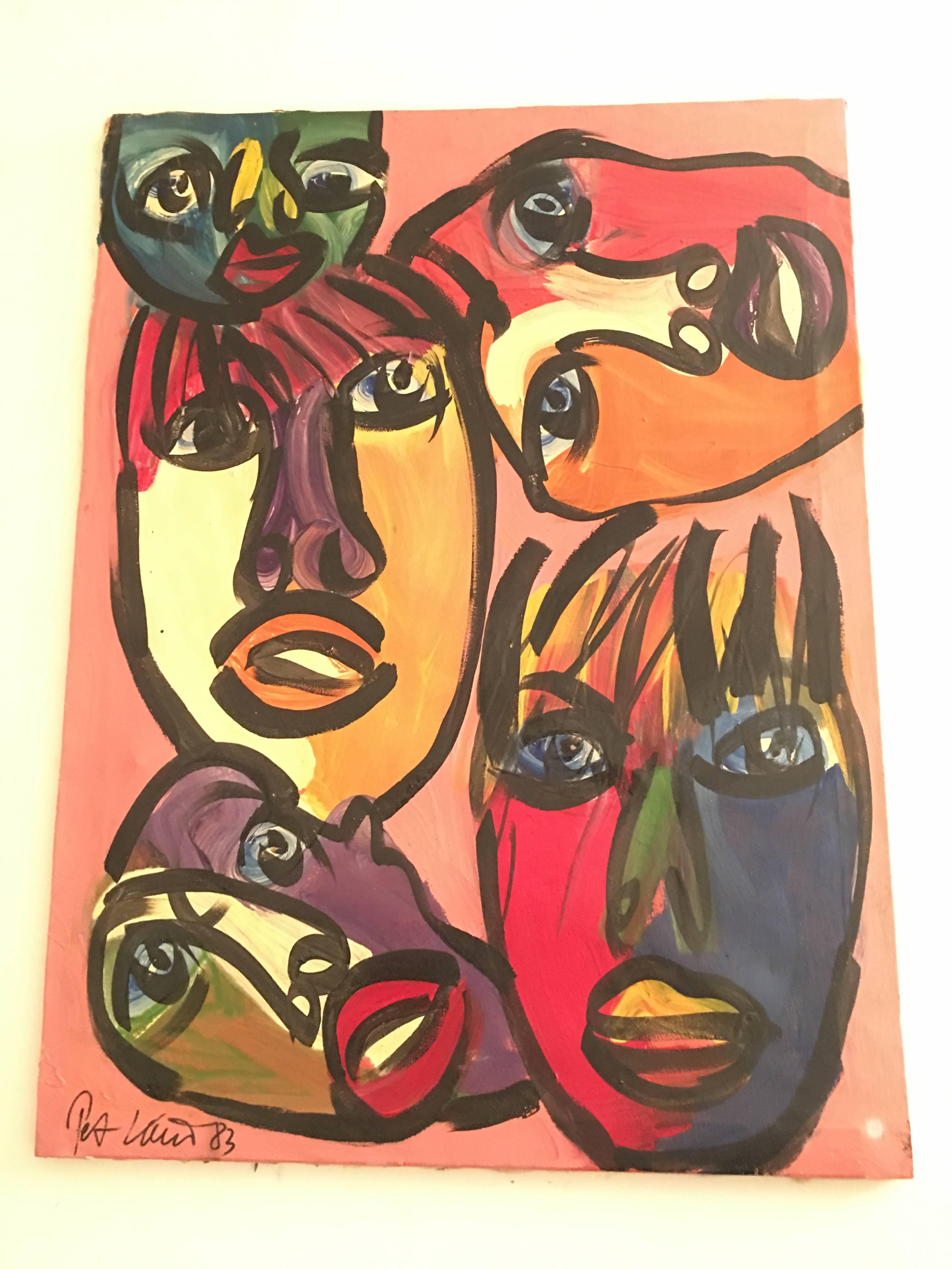 Mid-Century Modern Peter Keil Abstract Faces Oil Painting For Sale