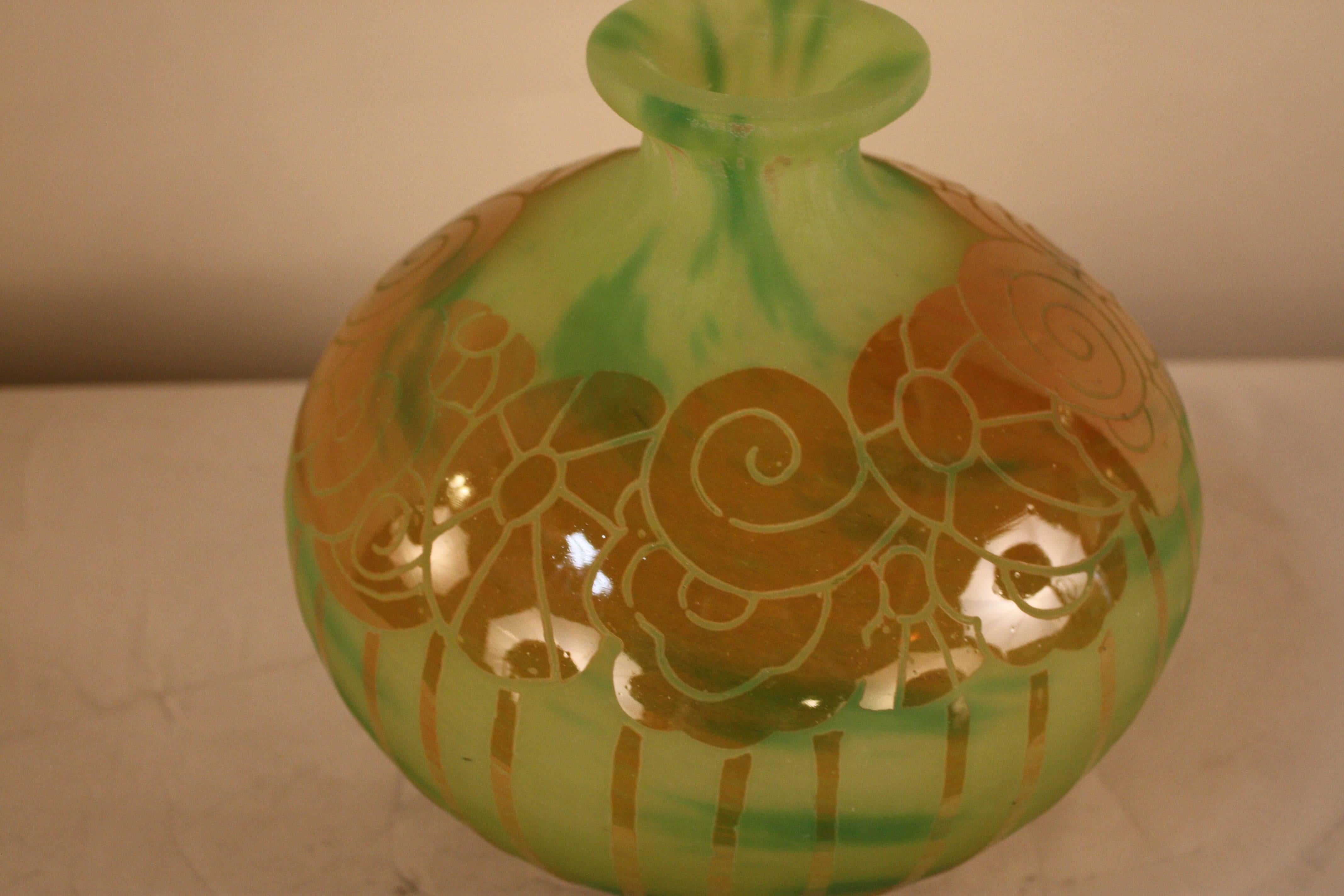 Art Deco acid etched 1930s cameo glass vase in brown flora design over textured green Le Verre Français unsigned.