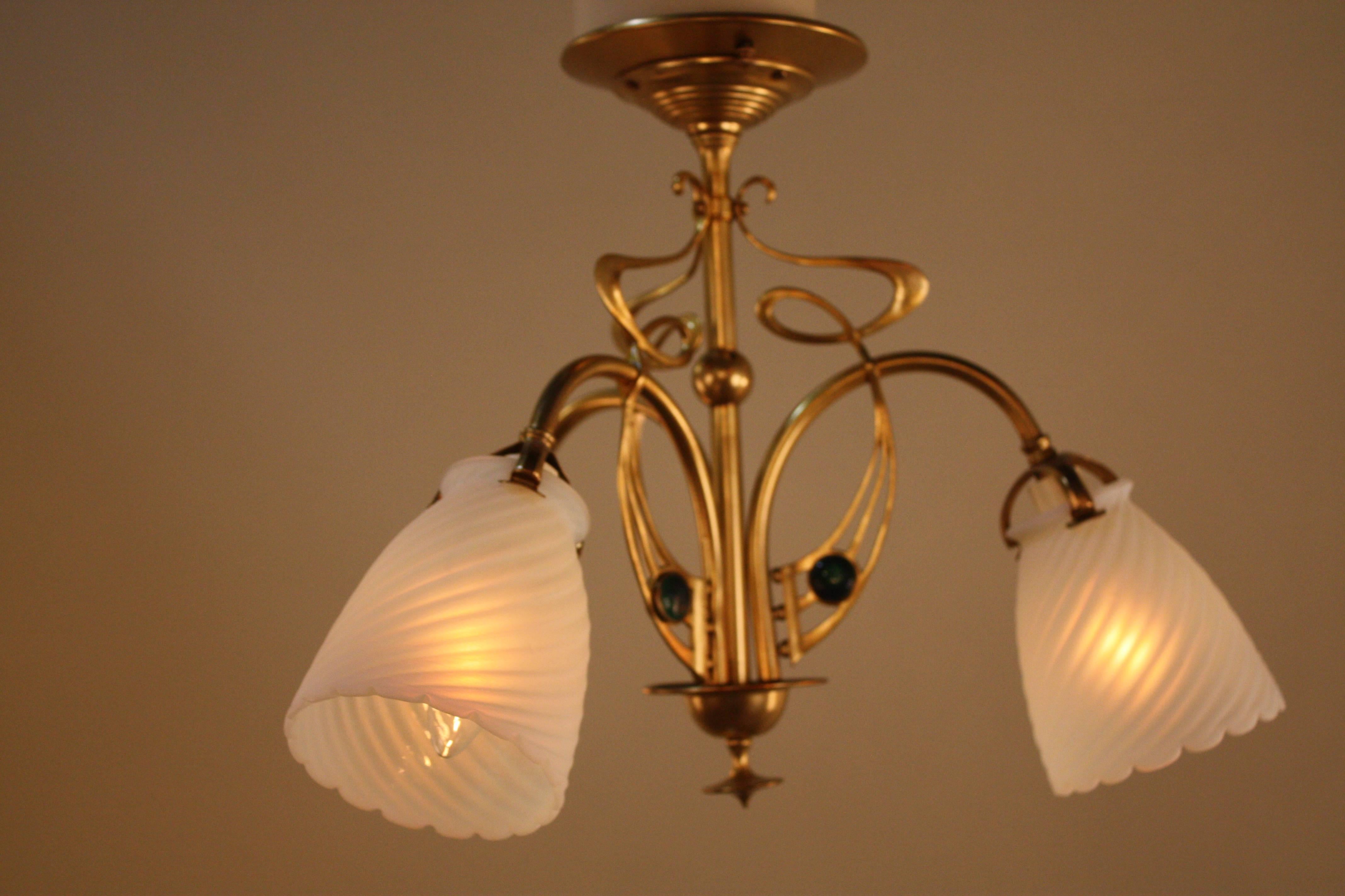 English Opalescent Glass and Brass Art Nouveau Chandelier 5
