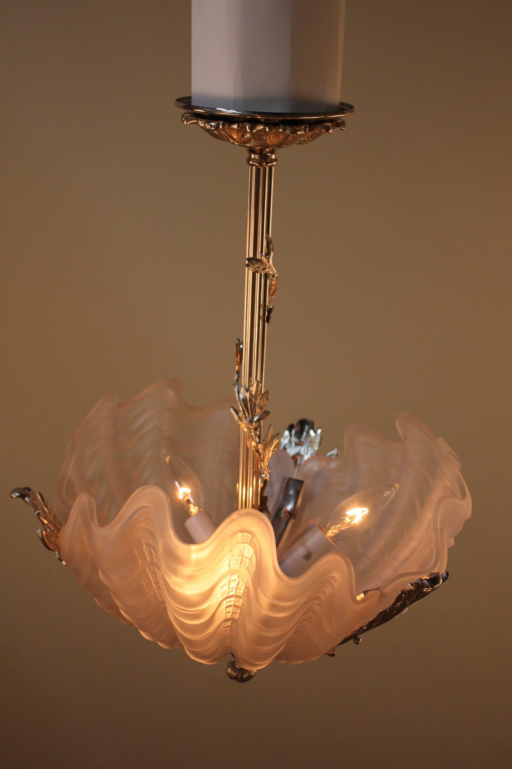 French Art Deco Chandelier with sea shell glass shades 1