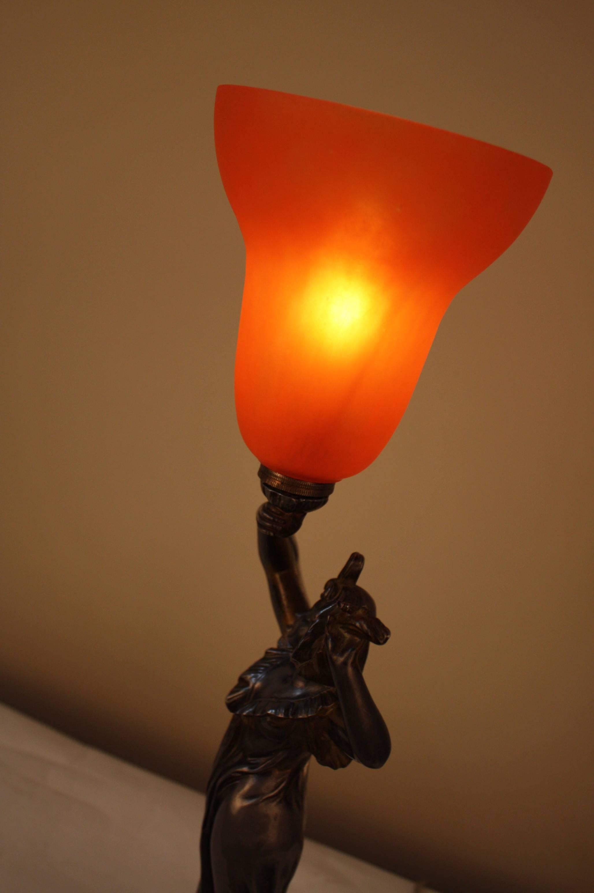 Glass French Art Nouveau Table Lamp by Emily Bruchan Titled Le Crepuscute 