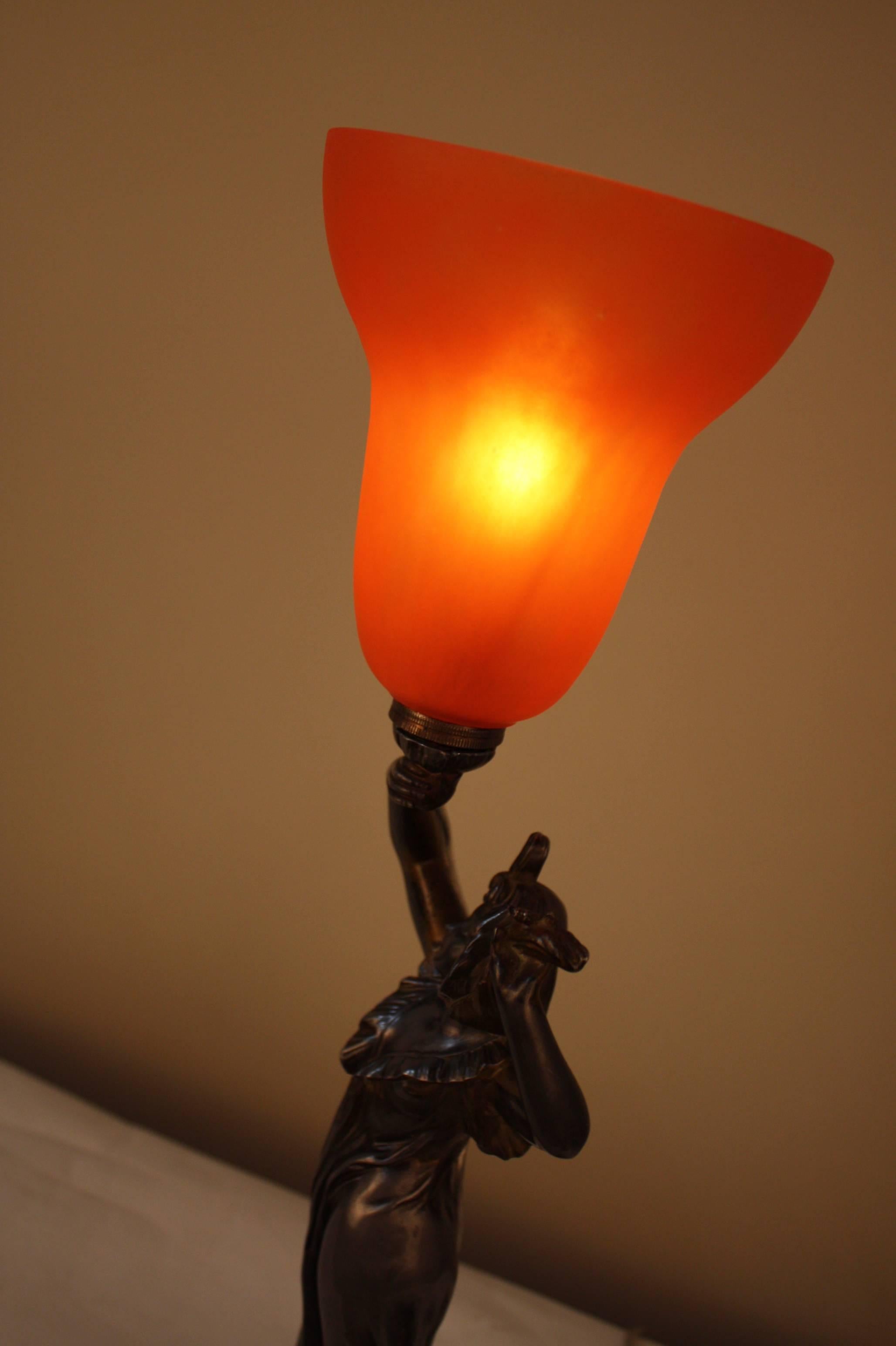 Glass French Art Nouveau Table Lamp by Emily Bruchan Titled Le Crepuscute