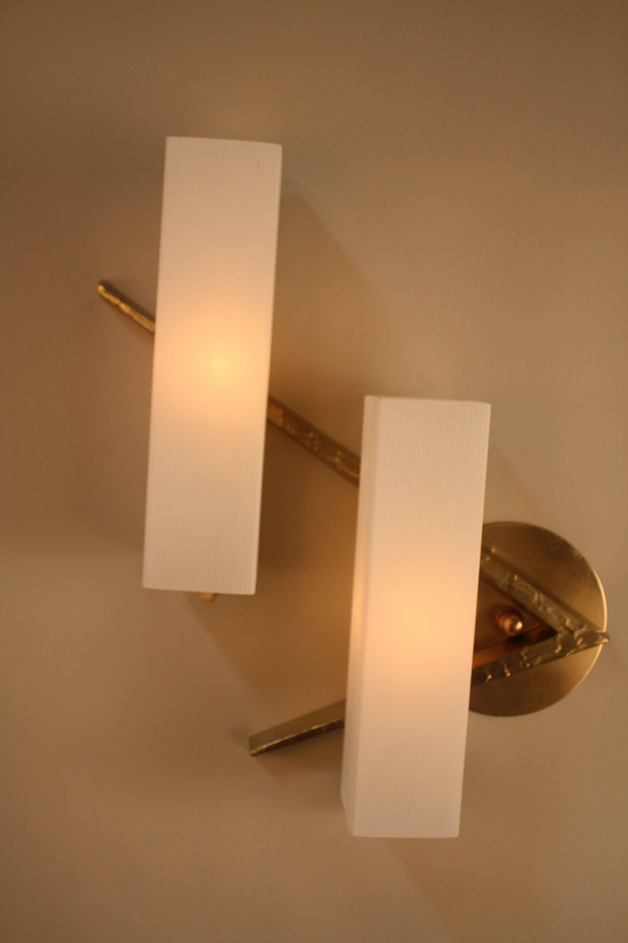 Pair of Bronze and Glass Wall Sconces by Maison Arlus 3
