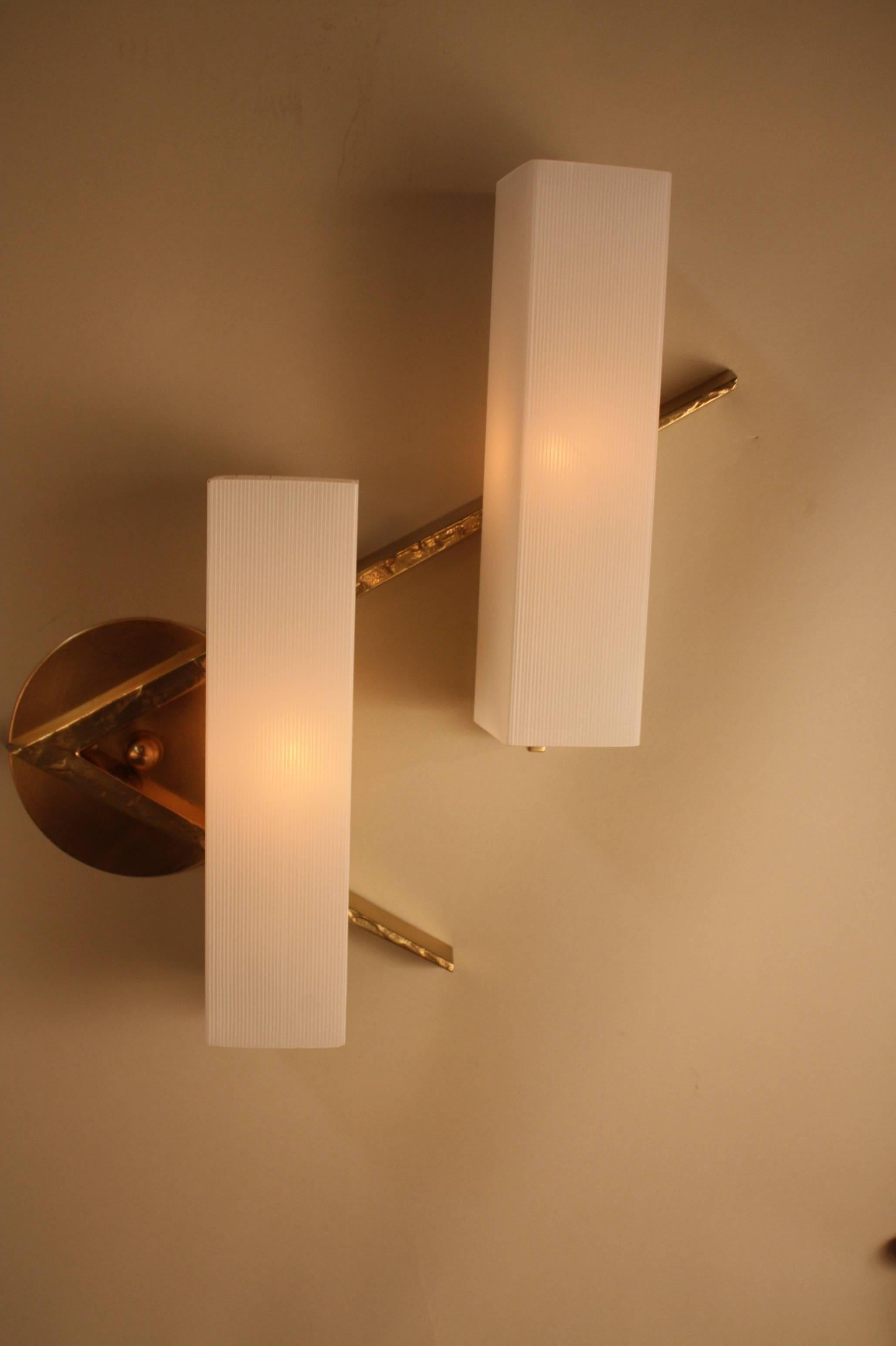 Pair of Bronze and Glass Wall Sconces by Maison Arlus 5