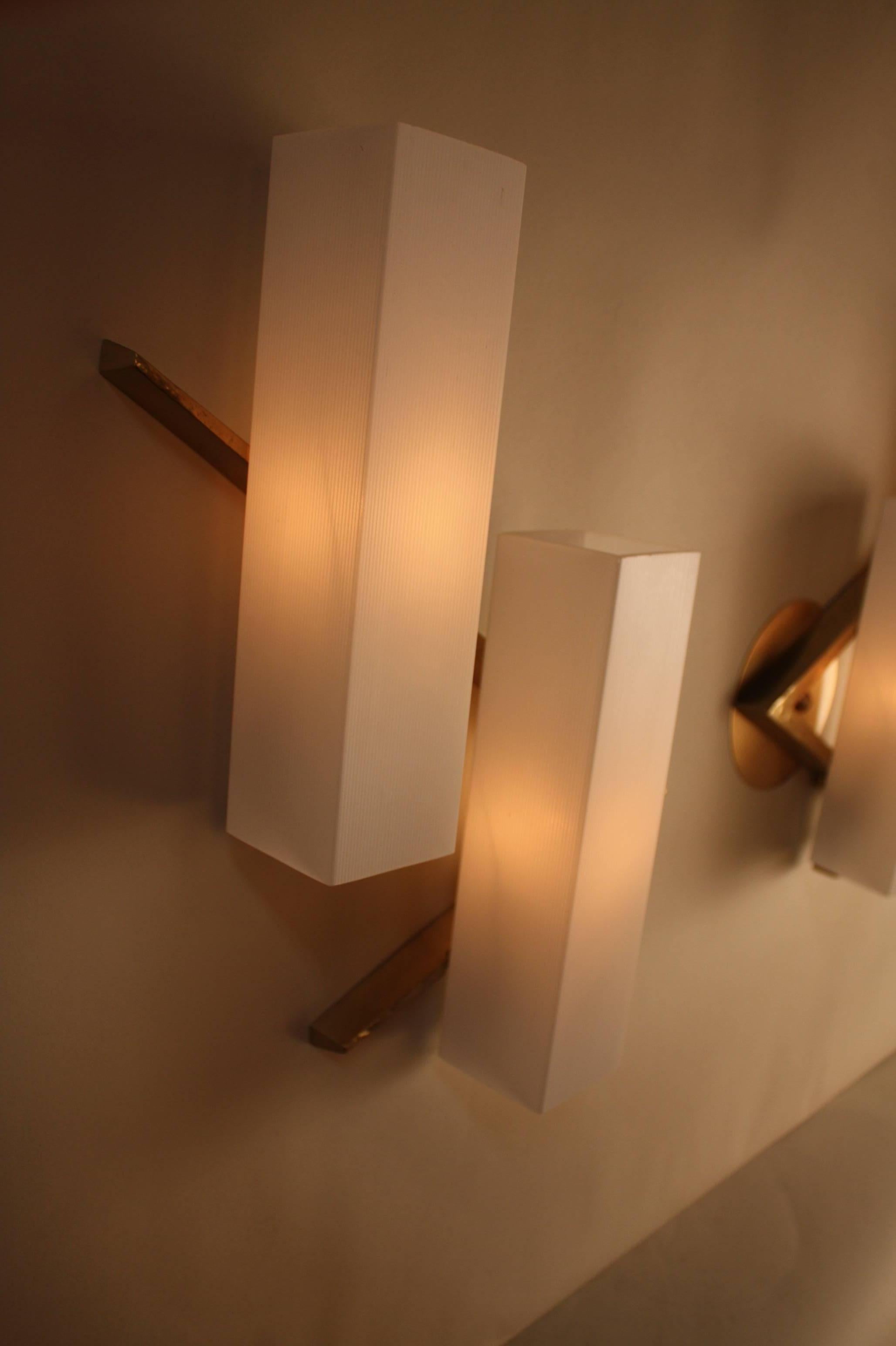 French Pair of Bronze and Glass Wall Sconces by Maison Arlus