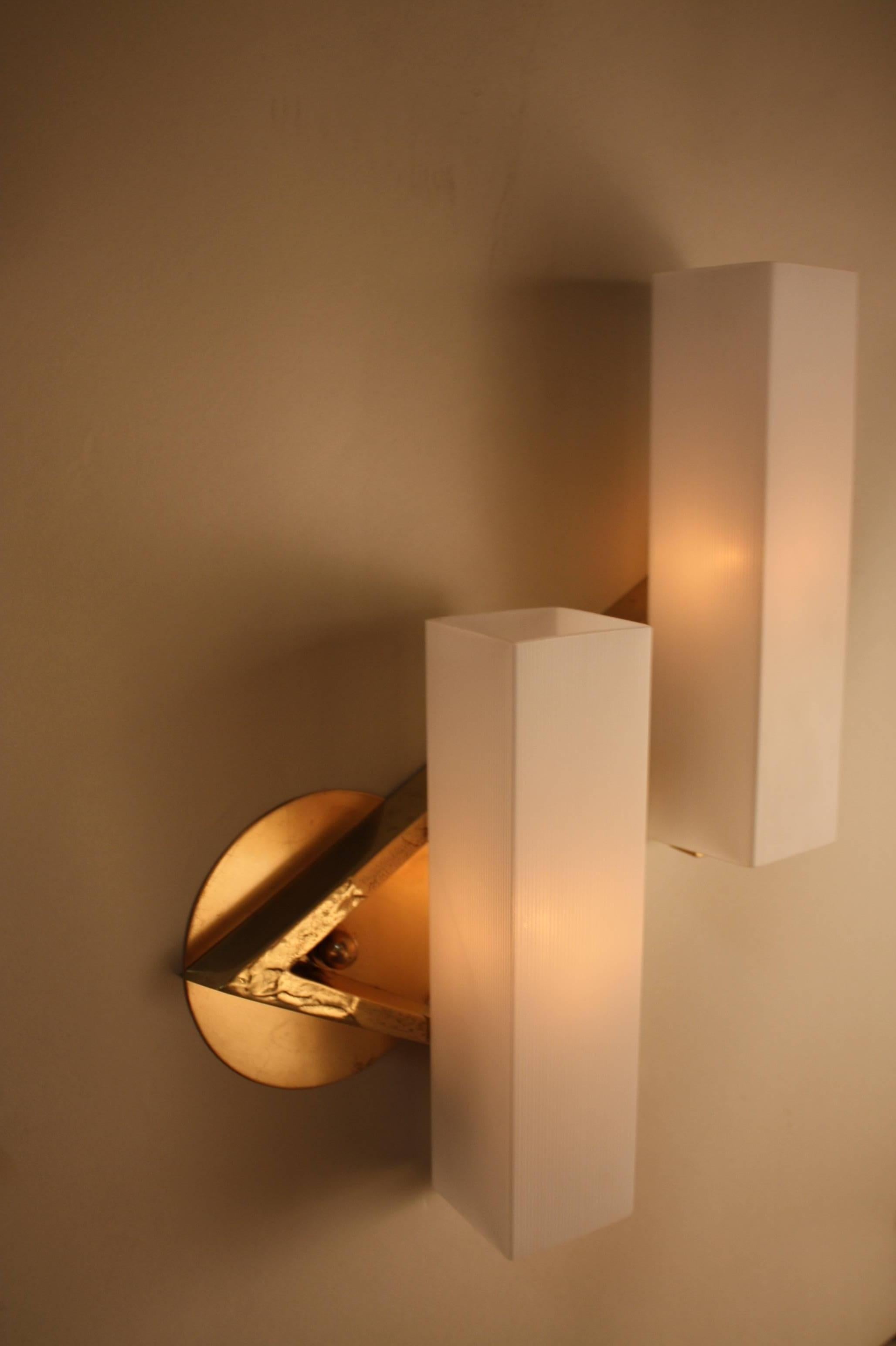 Pair of Bronze and Glass Wall Sconces by Maison Arlus 4