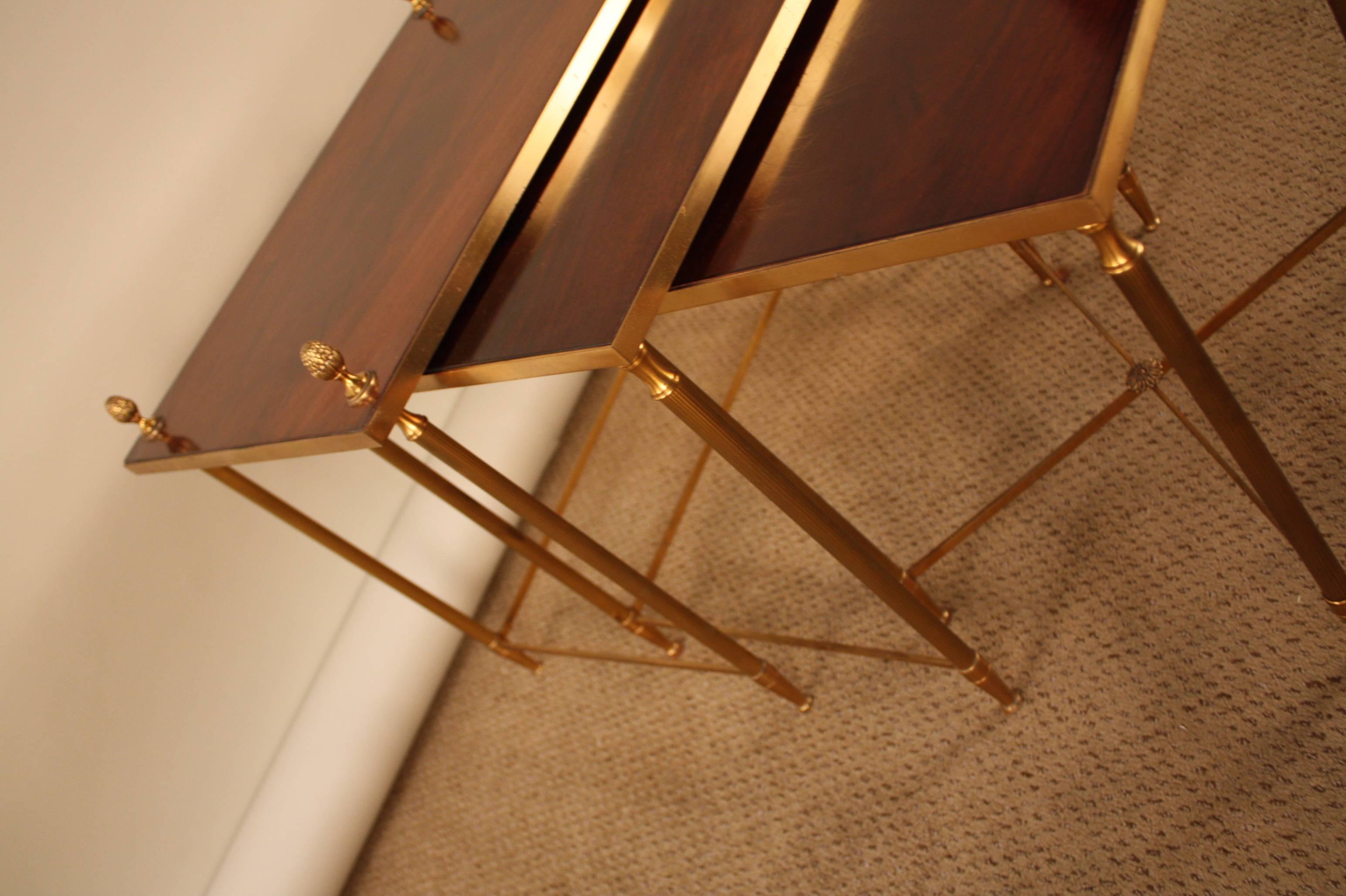 Modern French Set of Three Bronze and Wood Nesting Tables