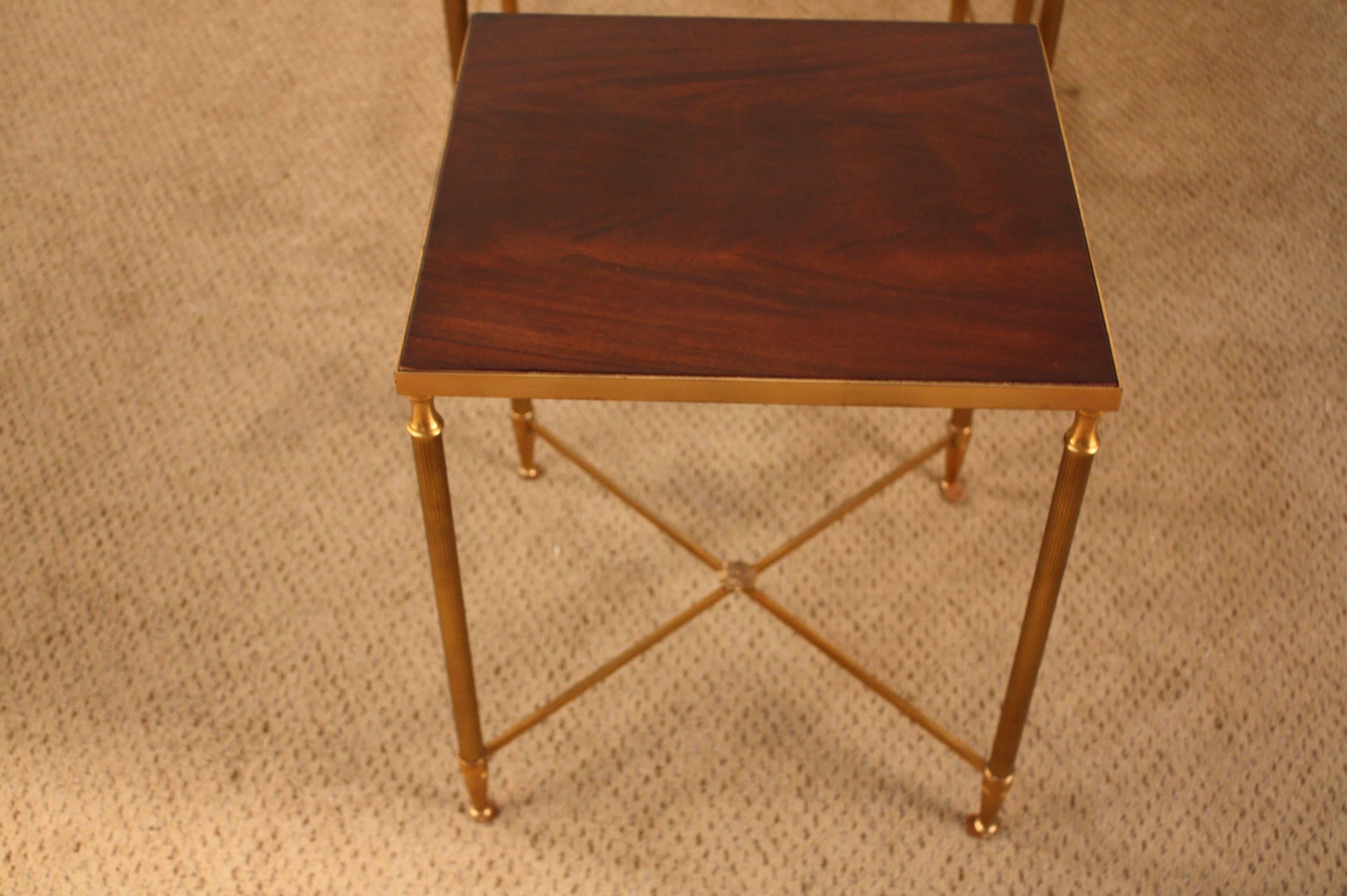 Late 20th Century French Set of Three Bronze and Wood Nesting Tables