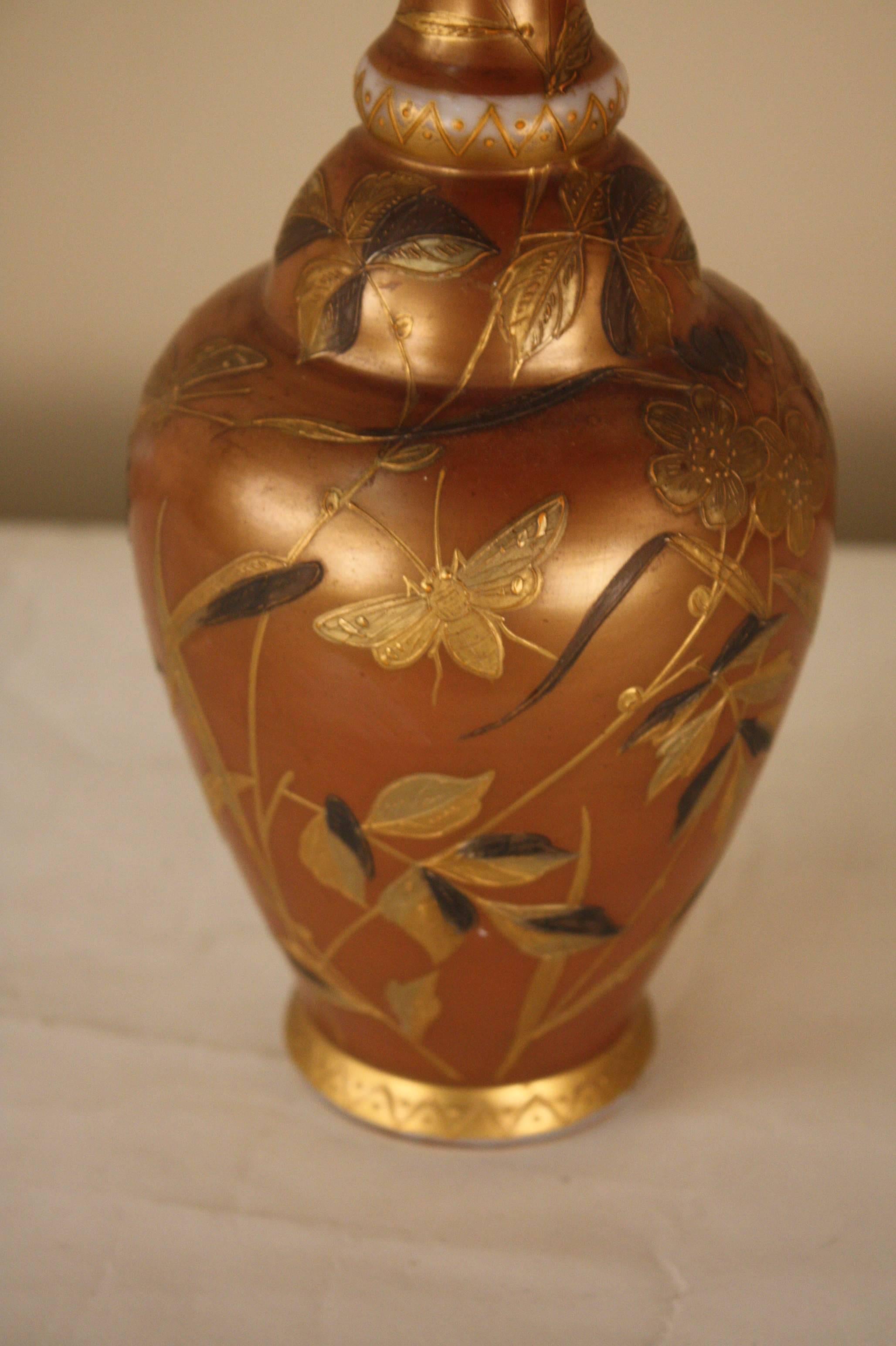 A French opaline glass vase with Art Nouveau beautifully hand painting that has oriental style influence.