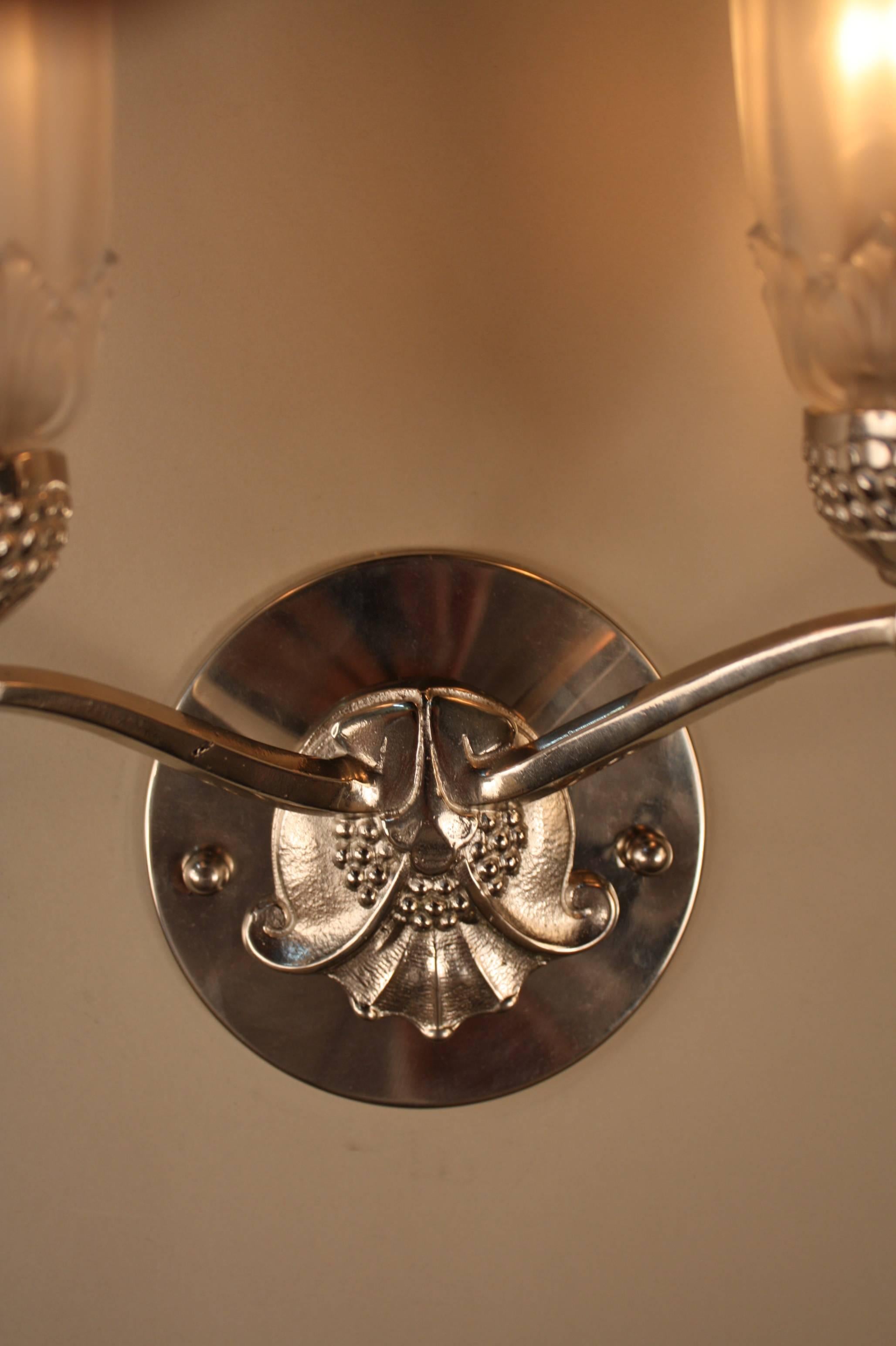 Mid-20th Century Pair of French Glass and Nickel Art Deco Wall Sconces