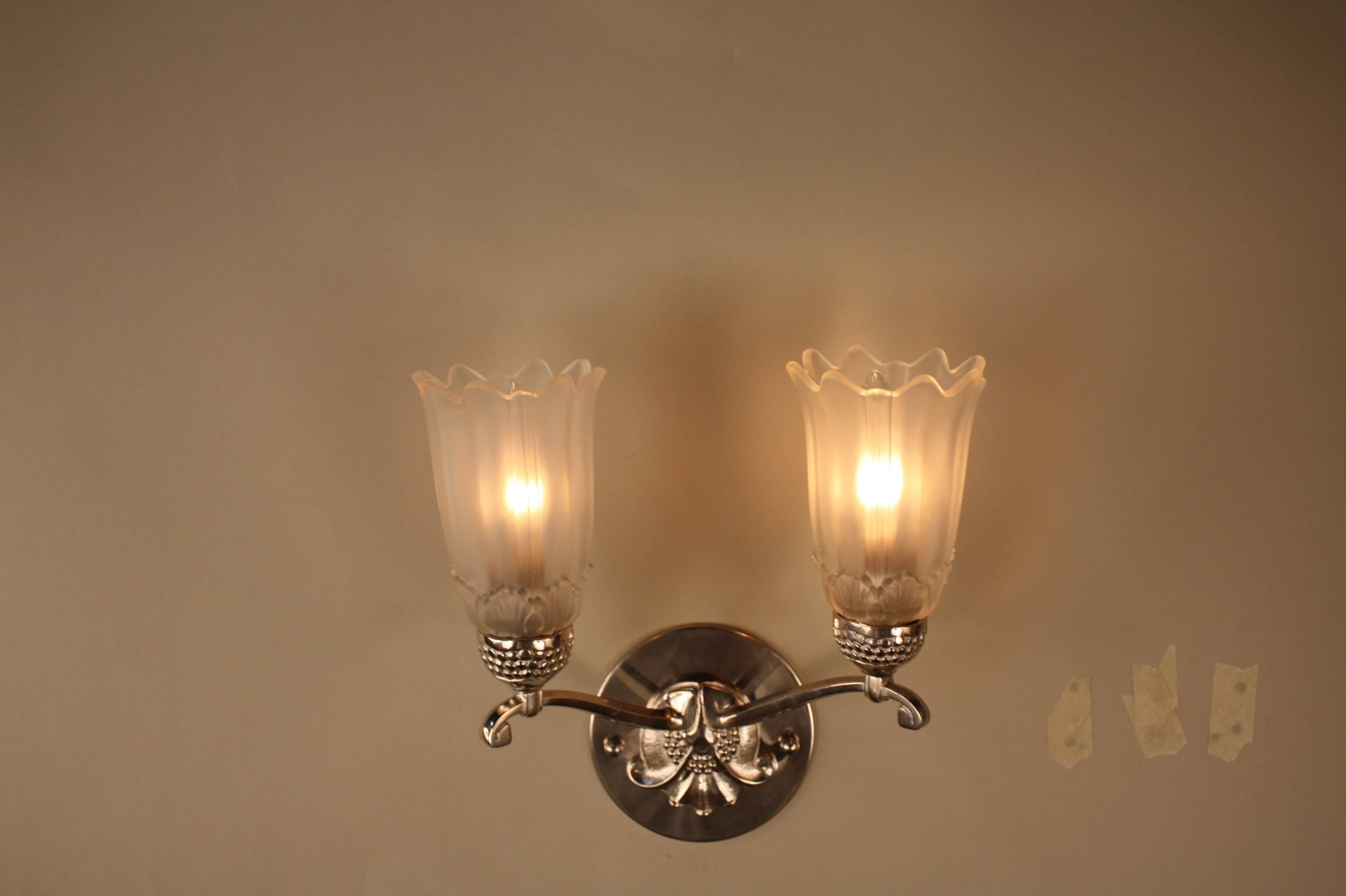 Pair of French Glass and Nickel Art Deco Wall Sconces 1