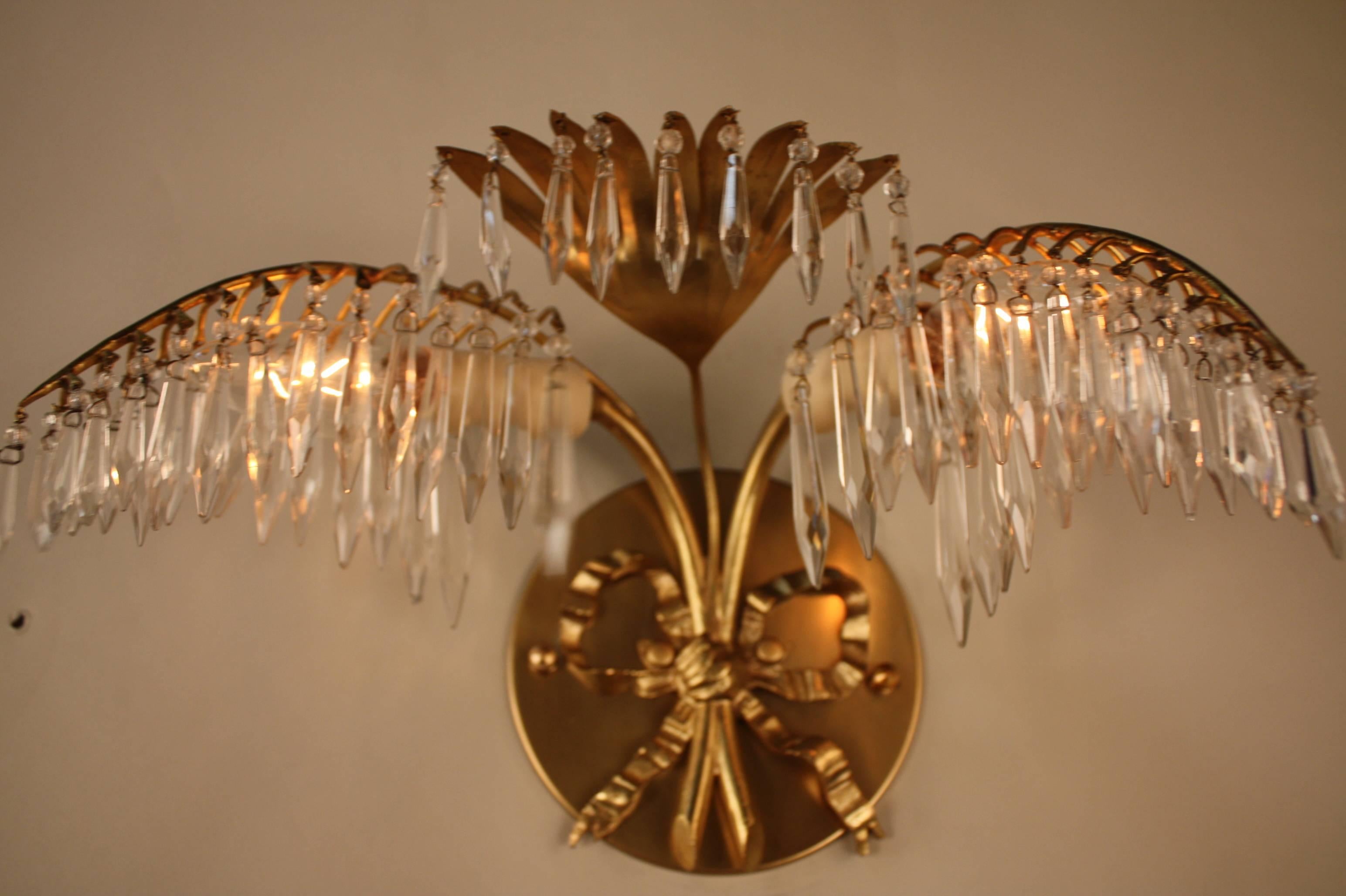 Mid-20th Century Pair of Petite Bronze and Crystal Palm Tree Wall Sconces by Bagues