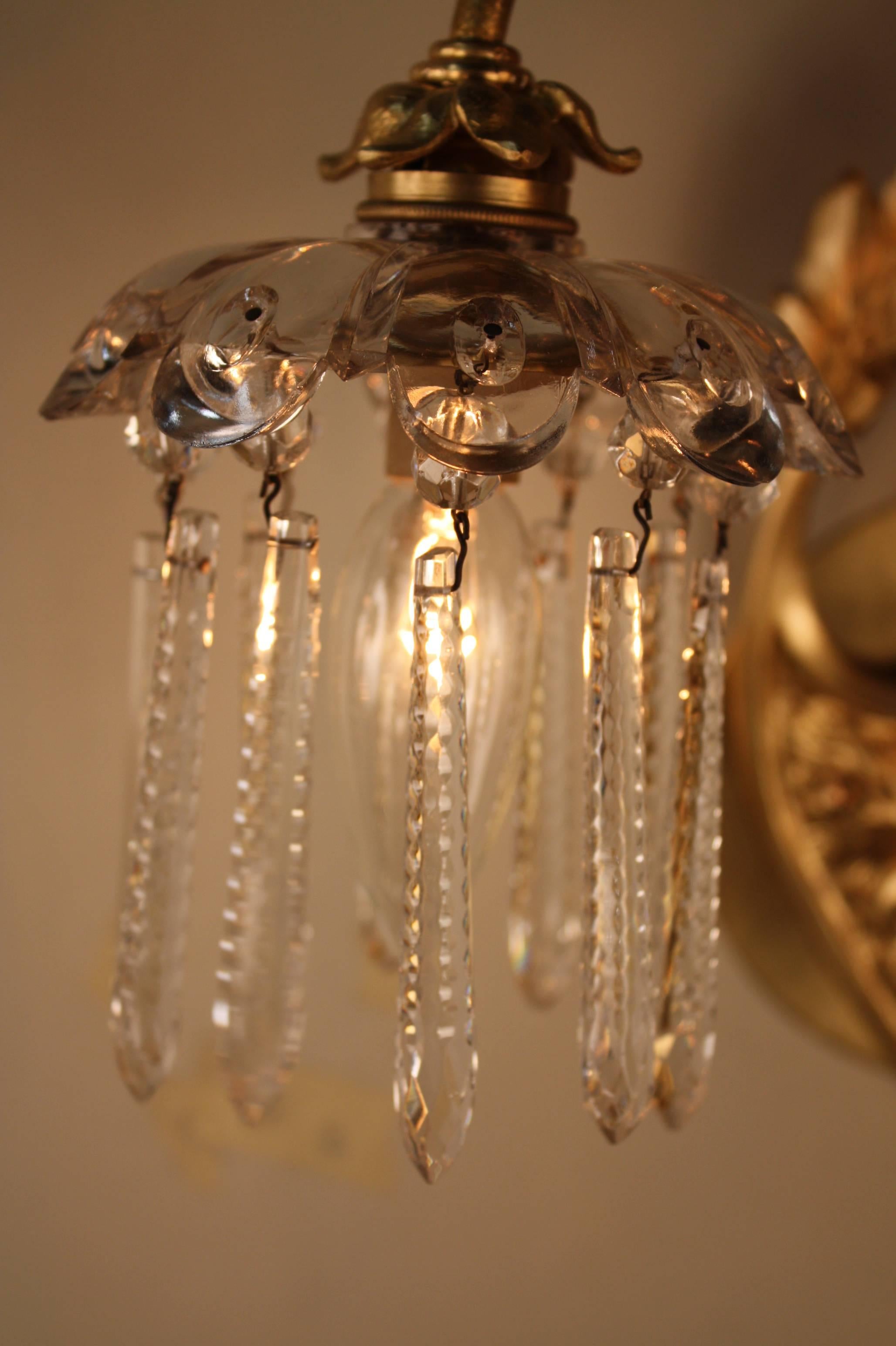 French Pair of Art Nouveau Bronze and Crystal Wall Sconces by Greiner
