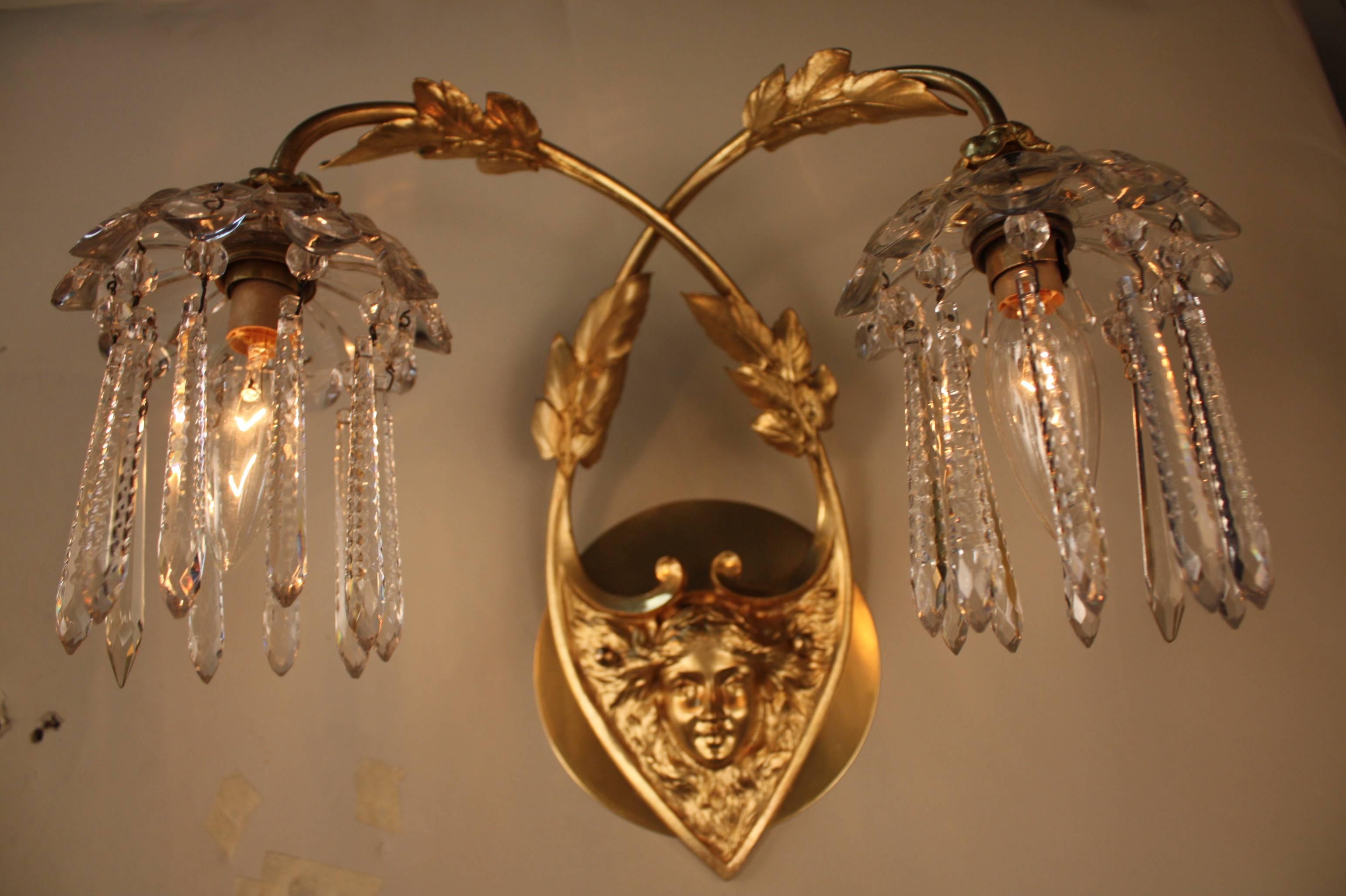 Pair of Art Nouveau Bronze and Crystal Wall Sconces by Greiner In Good Condition In Fairfax, VA