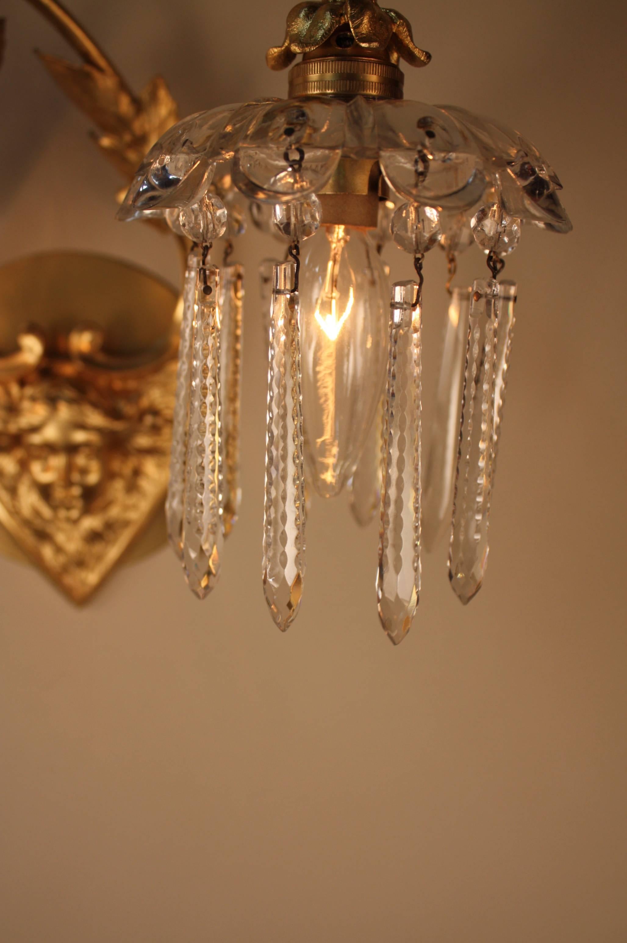 Pair of Art Nouveau Bronze and Crystal Wall Sconces by Greiner 2