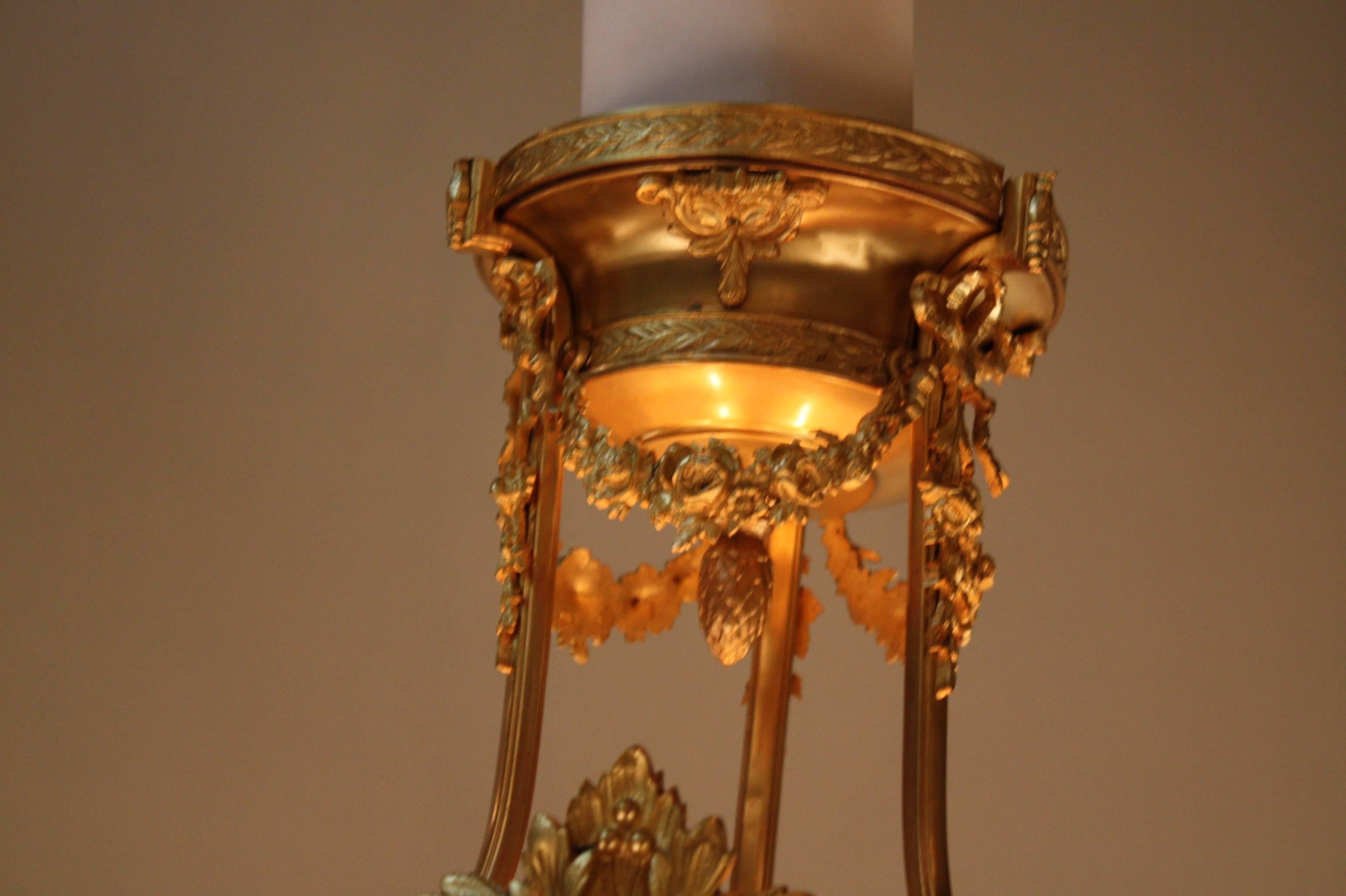French Alabaster and Bronze Semi Flush Mount Chandelier In Fair Condition In Fairfax, VA