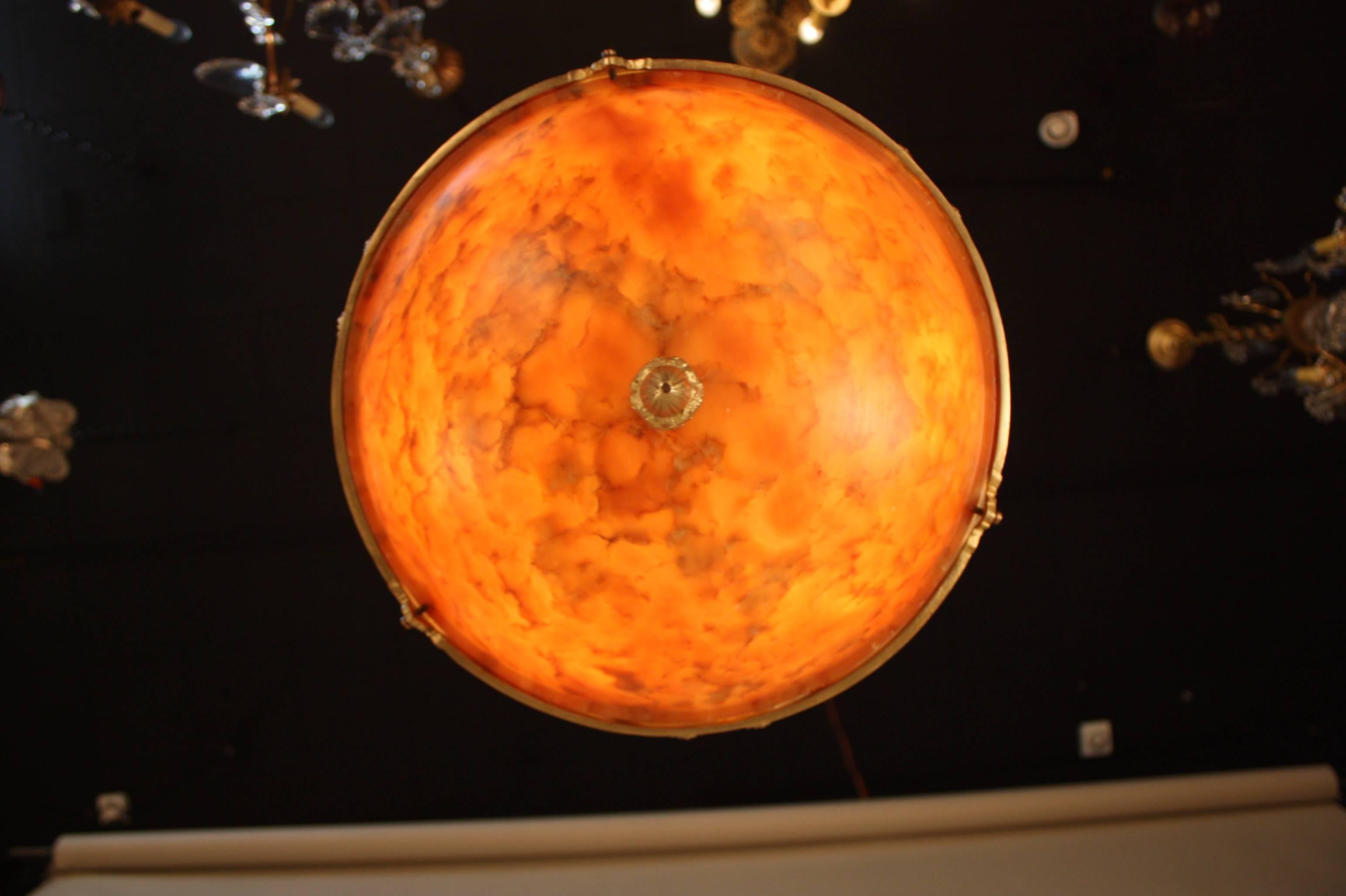 Mid-20th Century French Alabaster and Bronze Semi Flush Mount Chandelier