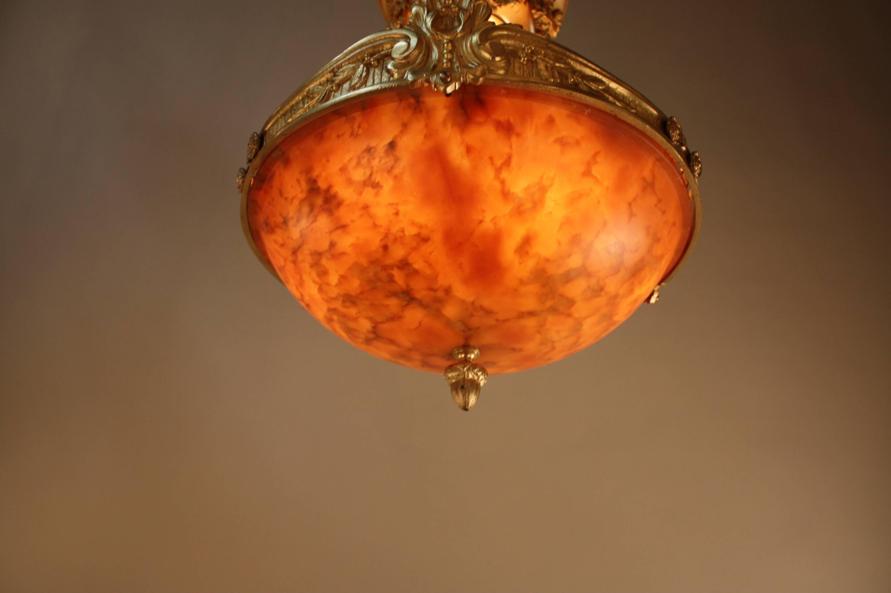 French Alabaster and Bronze Semi Flush Mount Chandelier 1