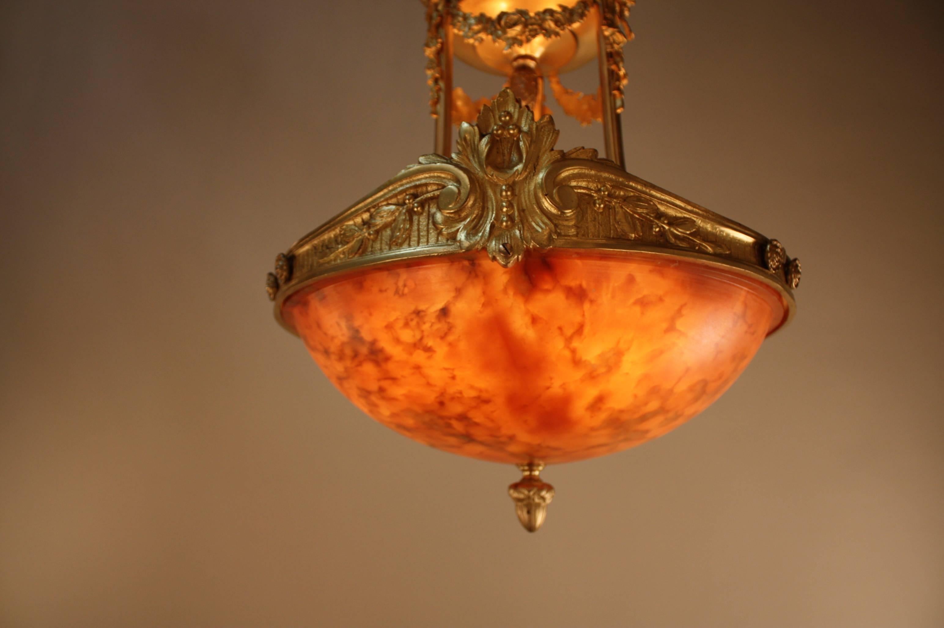 French Alabaster and Bronze Semi Flush Mount Chandelier 2