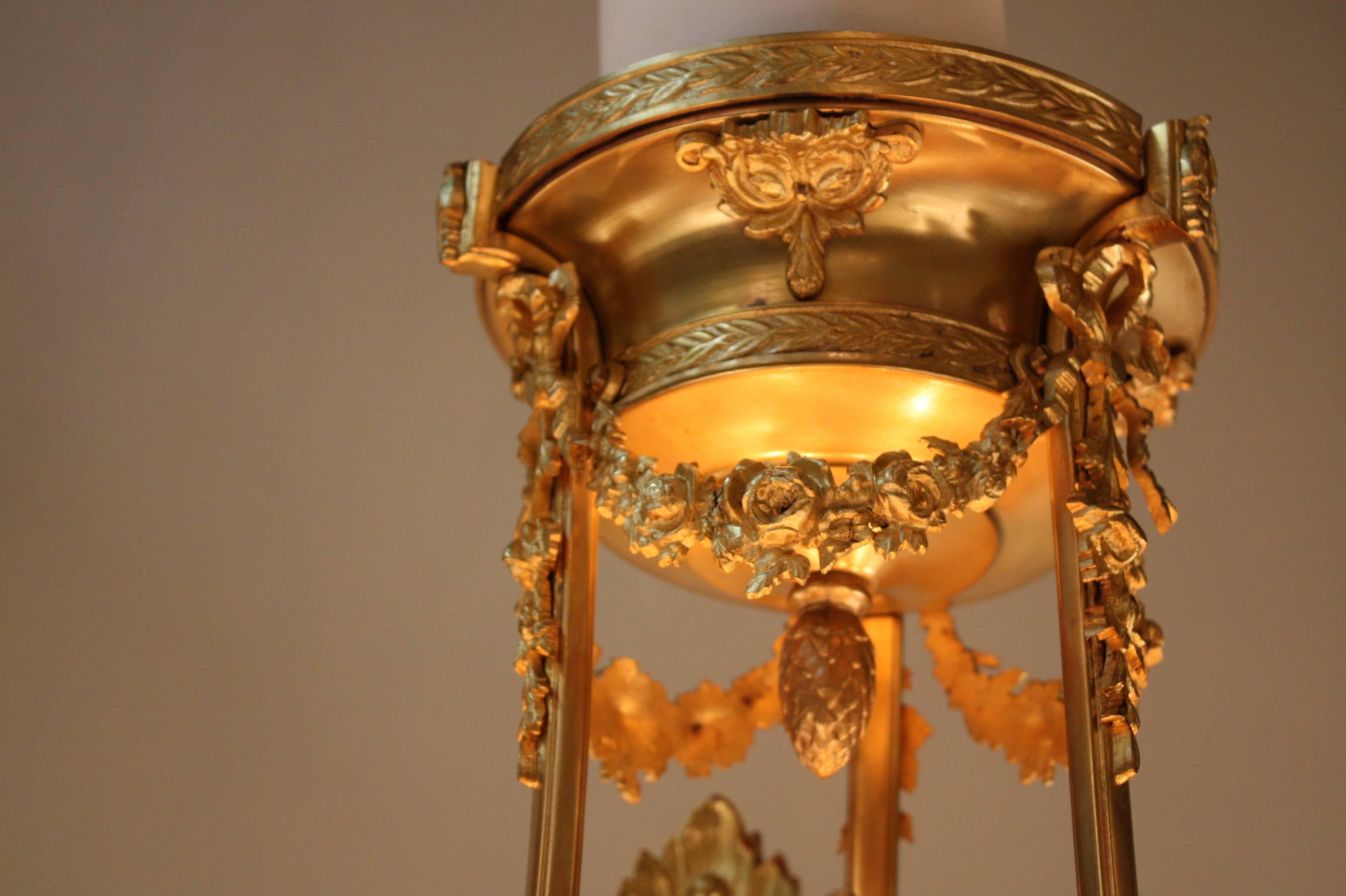 French Alabaster and Bronze Semi Flush Mount Chandelier 4