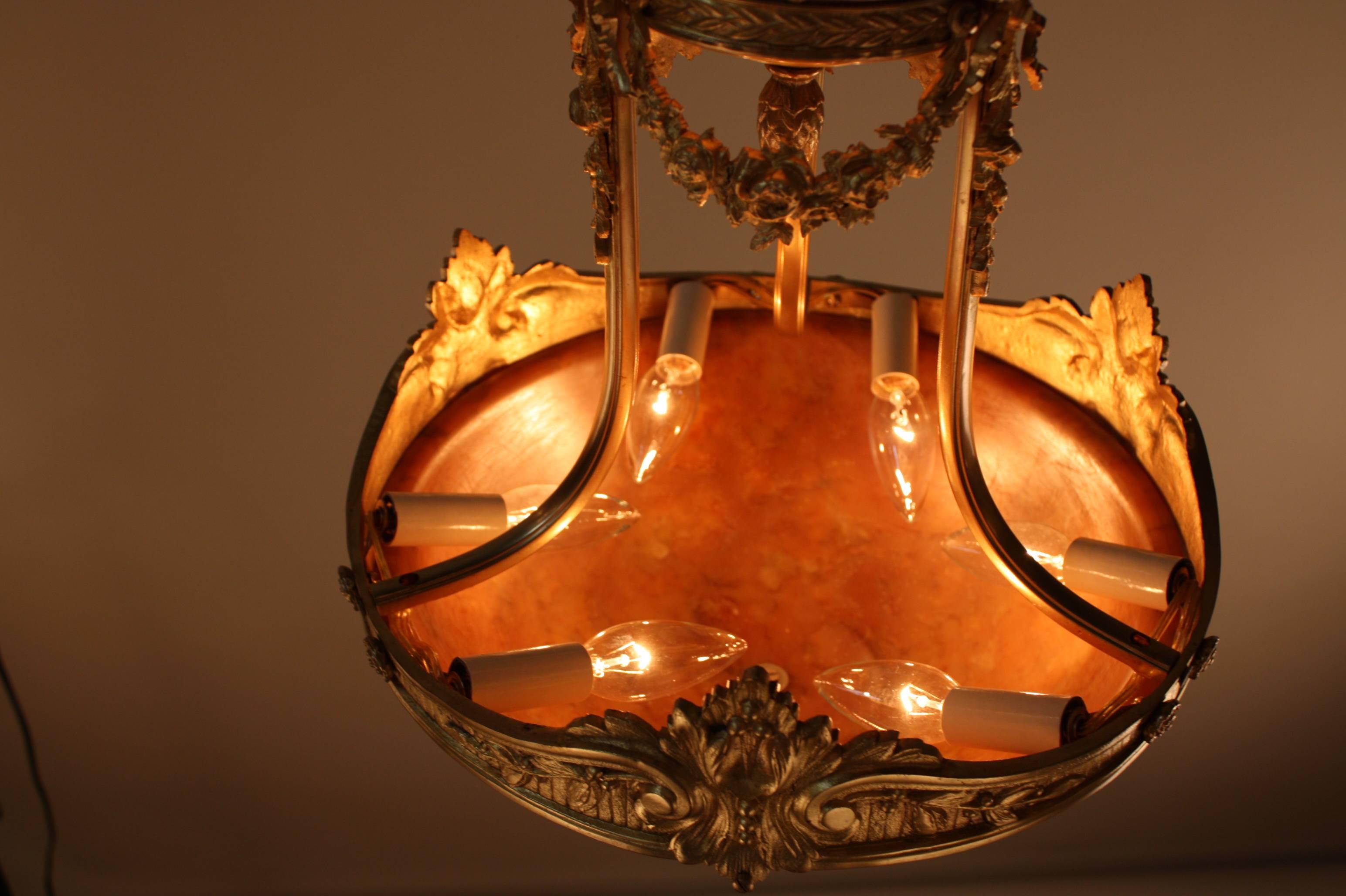French Alabaster and Bronze Semi Flush Mount Chandelier 3