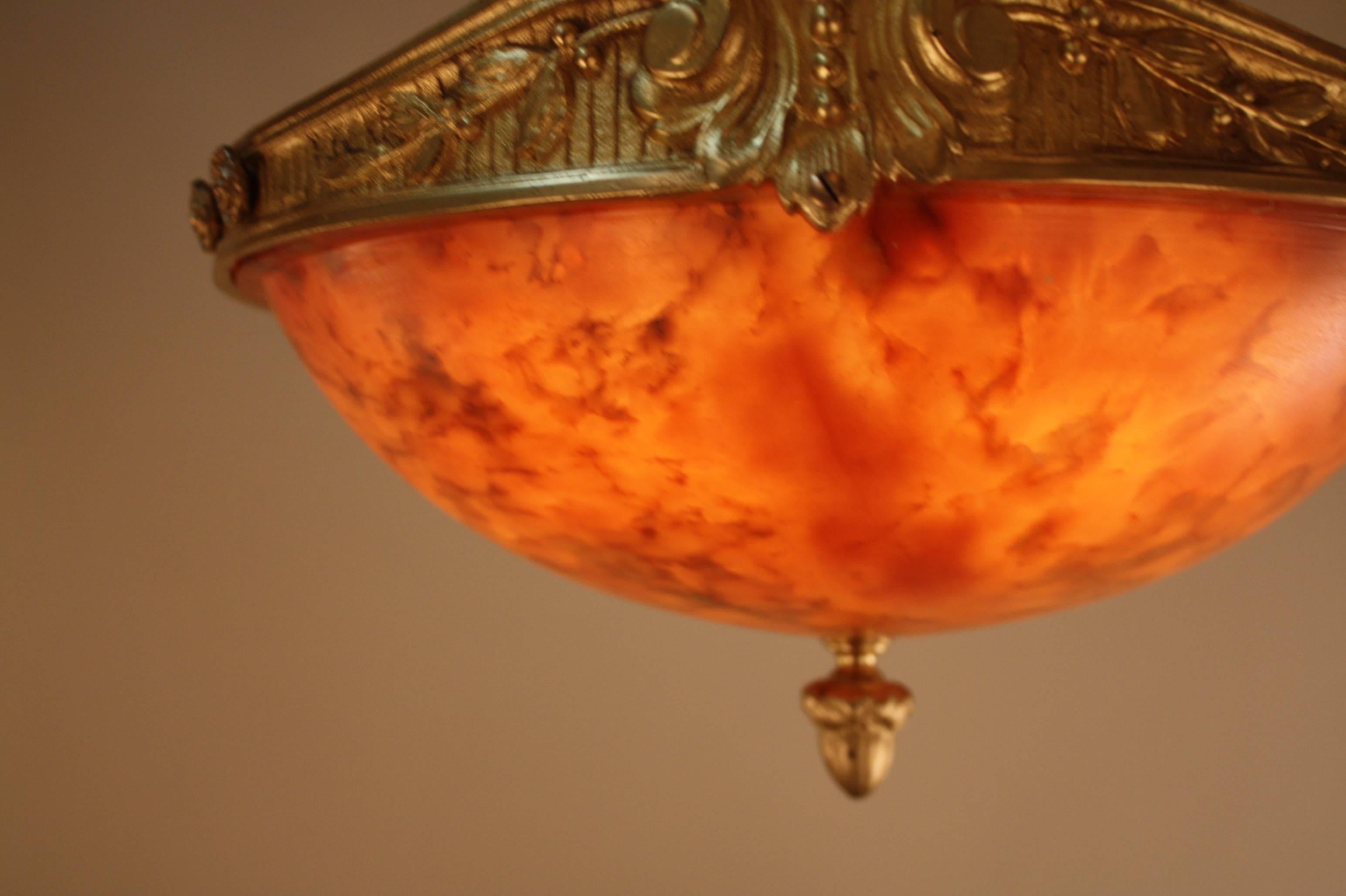 French Alabaster and Bronze Semi Flush Mount Chandelier 5