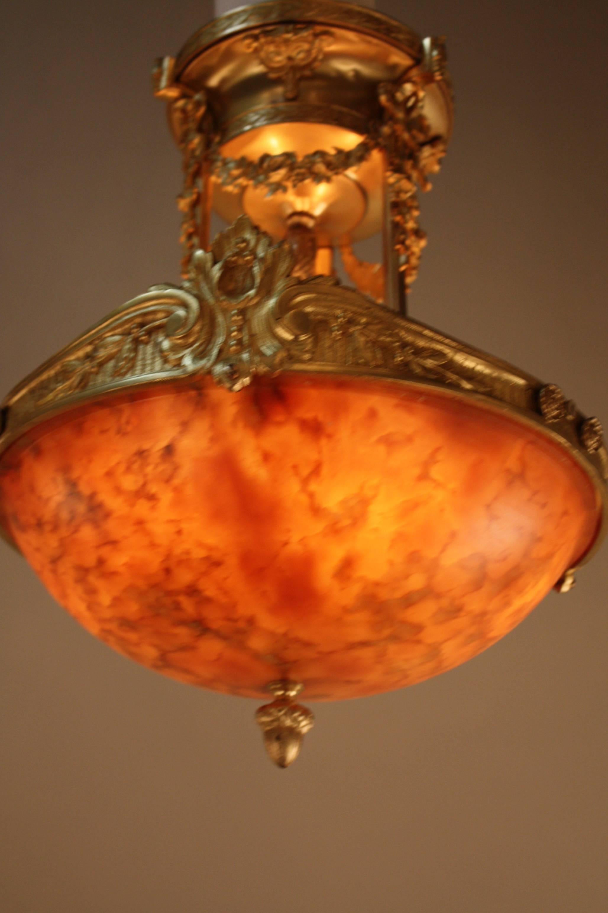 French Alabaster and Bronze Semi Flush Mount Chandelier 6