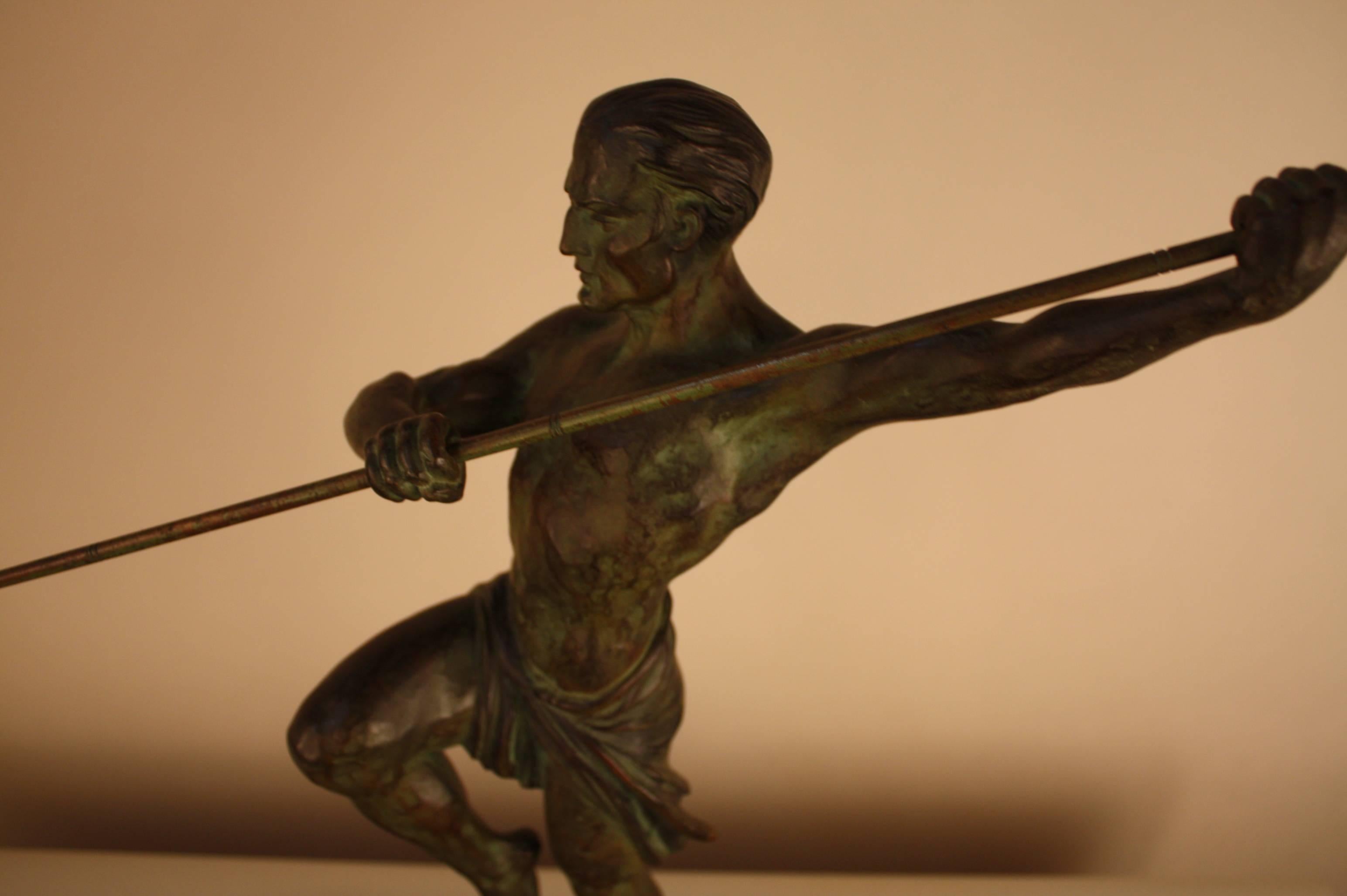 French Art Deco Sculpture of Nude Man with Spear by R. Varnier In Good Condition In Fairfax, VA