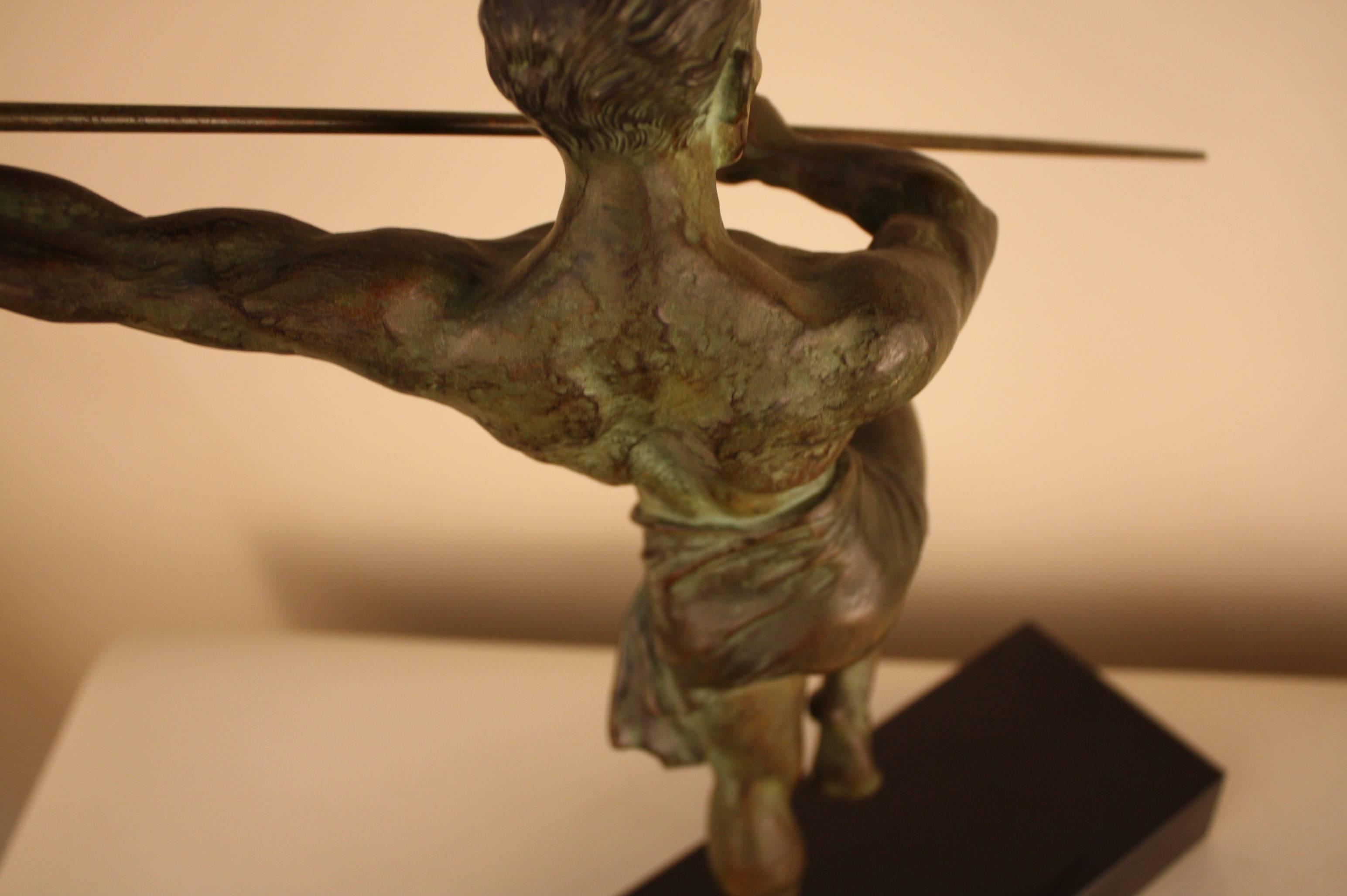 French Art Deco Sculpture of Nude Man with Spear by R. Varnier 2