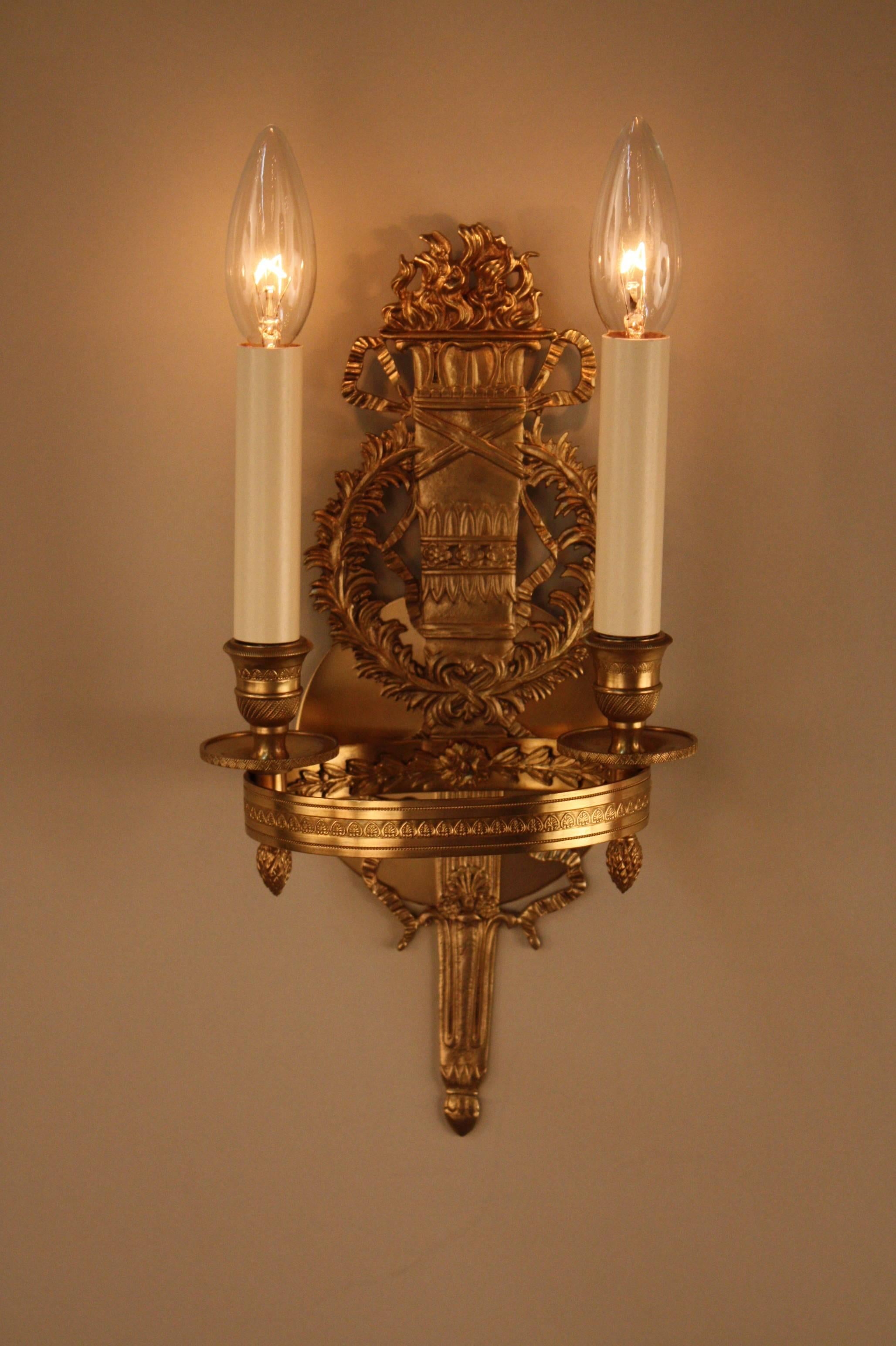 Pair of French Empire Style Bronze Wall Sconces For Sale 1