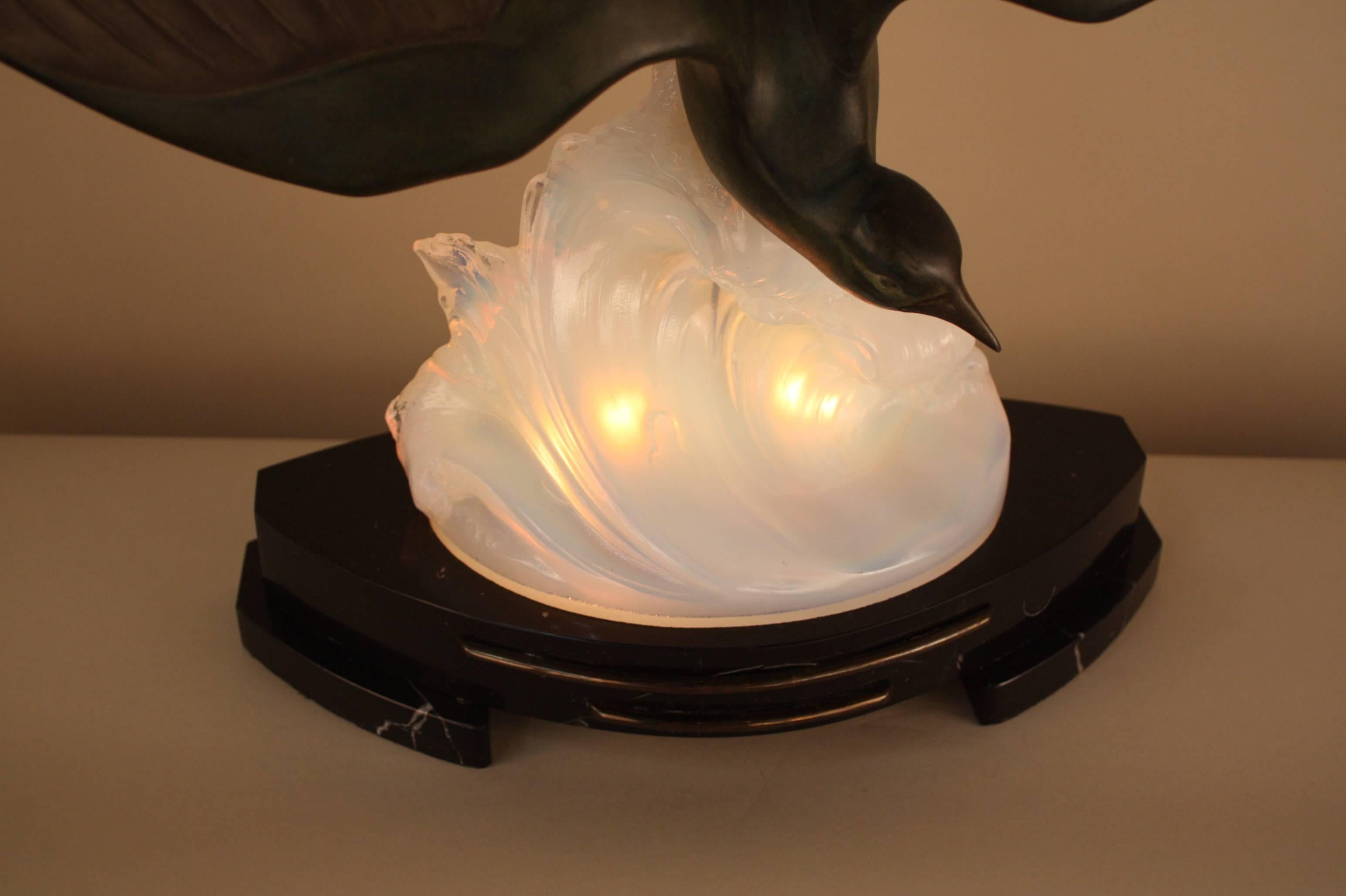 French Art Deco Opaline Glass Table Lamp with Flying Bird in Motion by Ezan