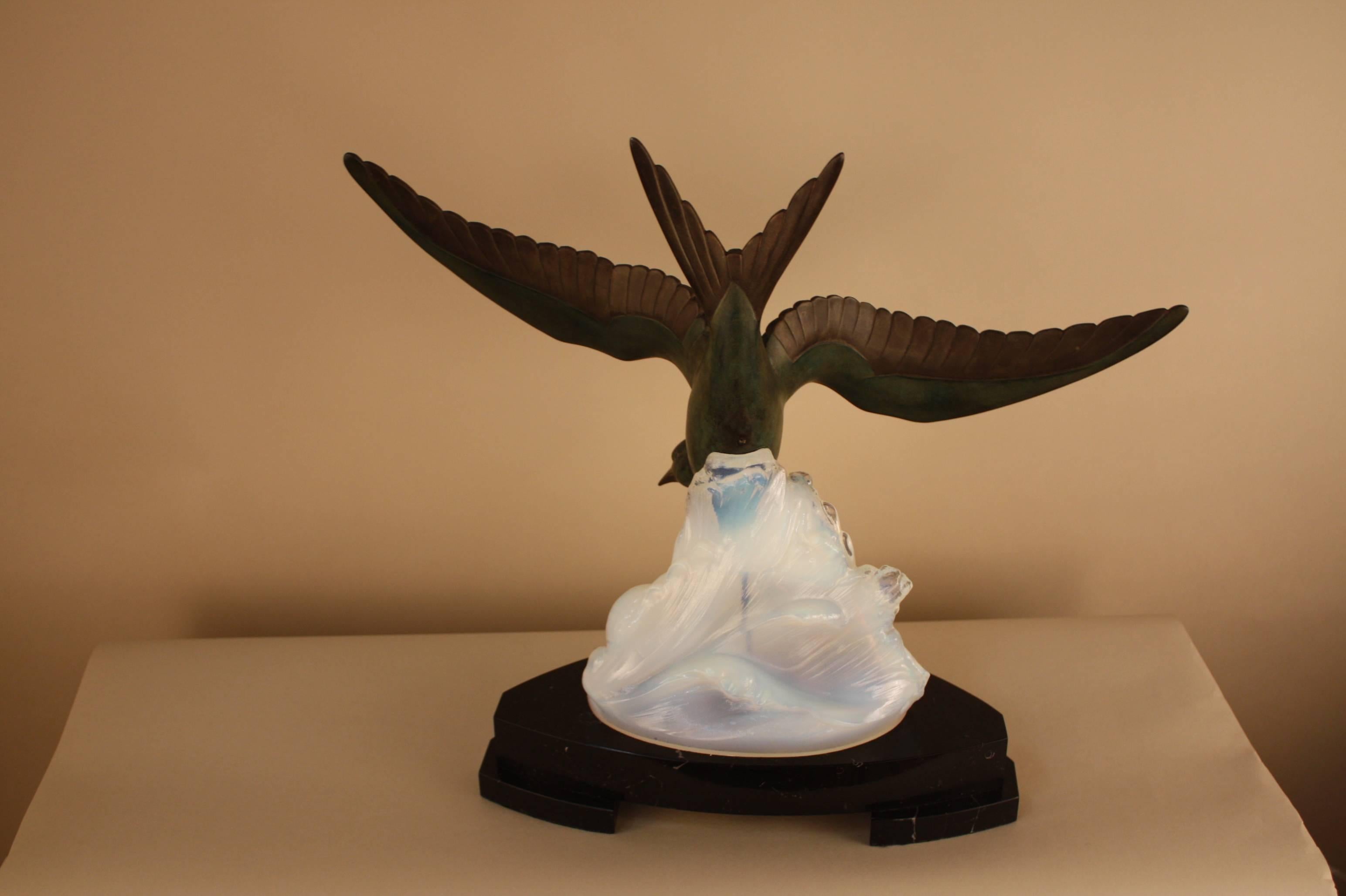 Marble Art Deco Opaline Glass Table Lamp with Flying Bird in Motion by Ezan