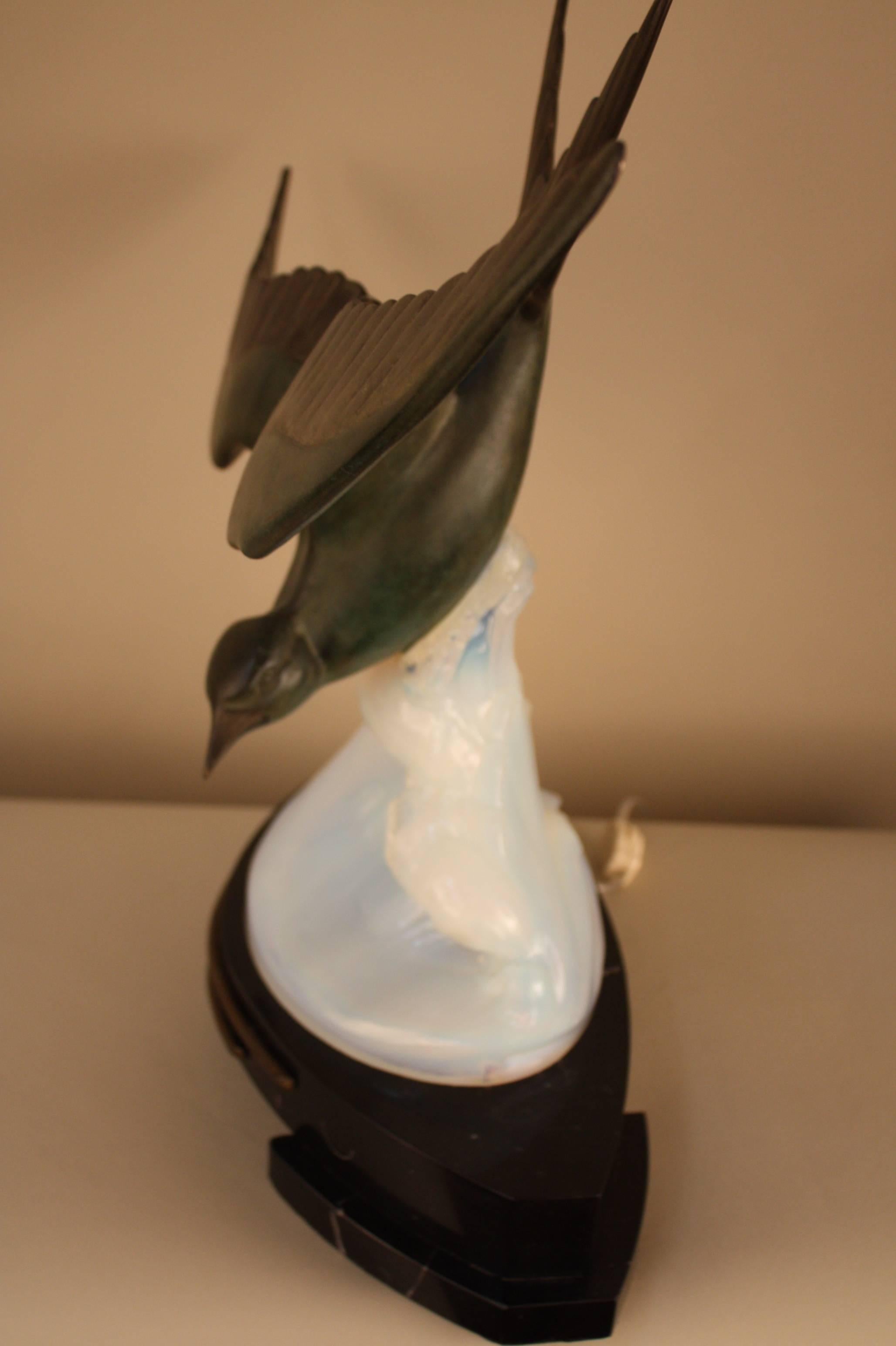 Art Deco Opaline Glass Table Lamp with Flying Bird in Motion by Ezan 1
