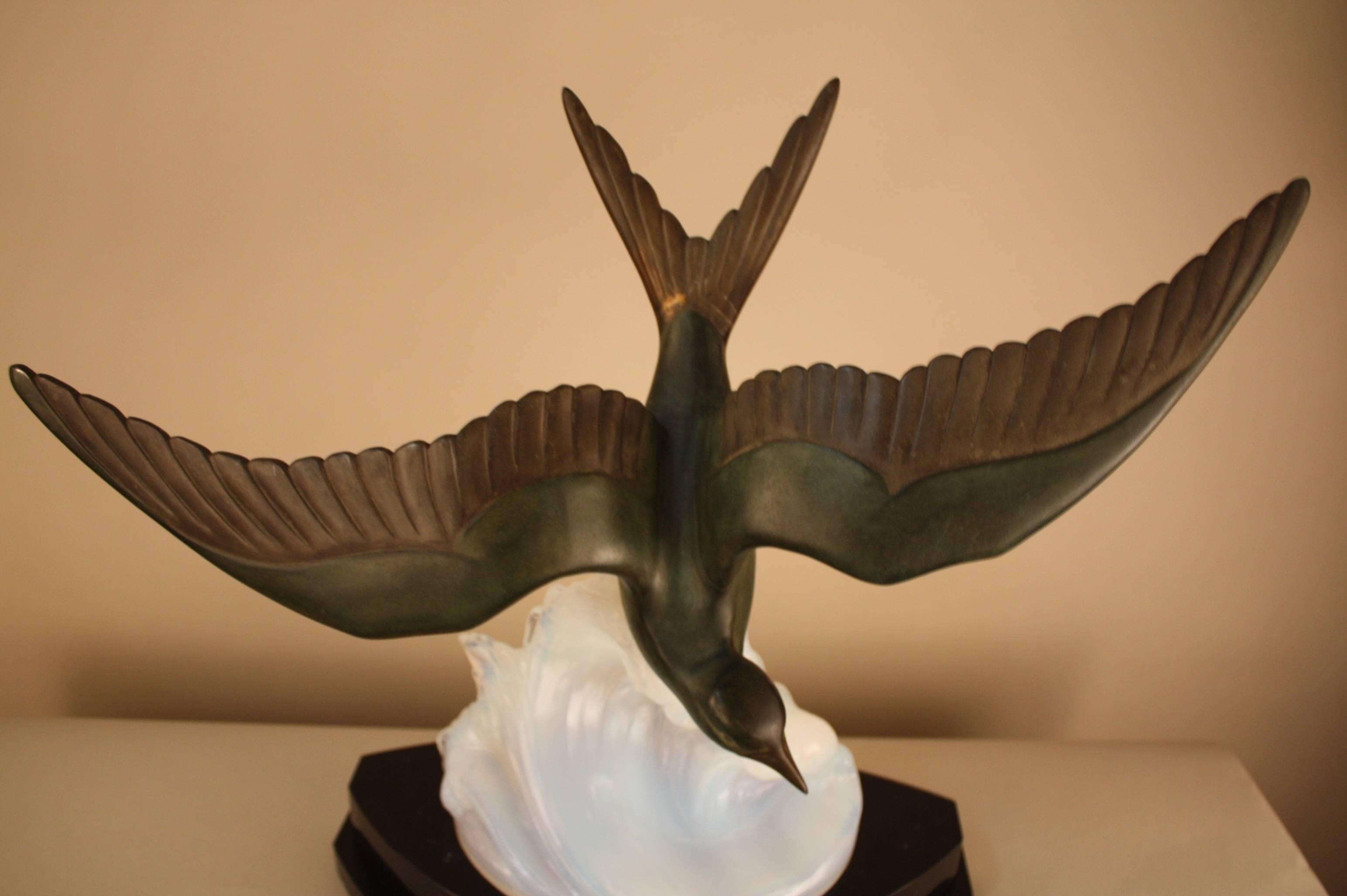 Art Deco Opaline Glass Table Lamp with Flying Bird in Motion by Ezan 2