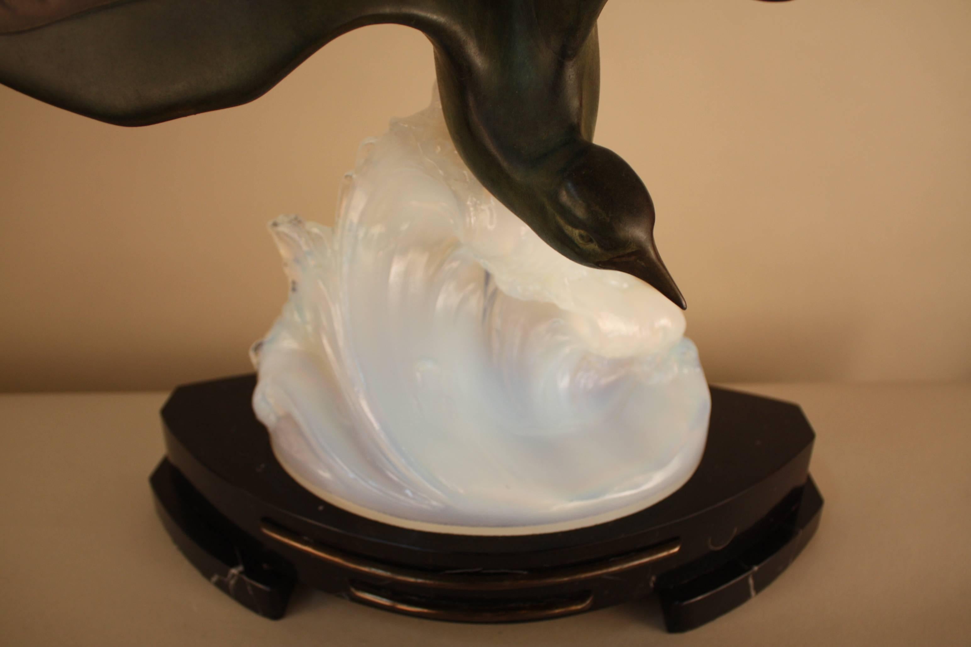 Art Deco Opaline Glass Table Lamp with Flying Bird in Motion by Ezan 3