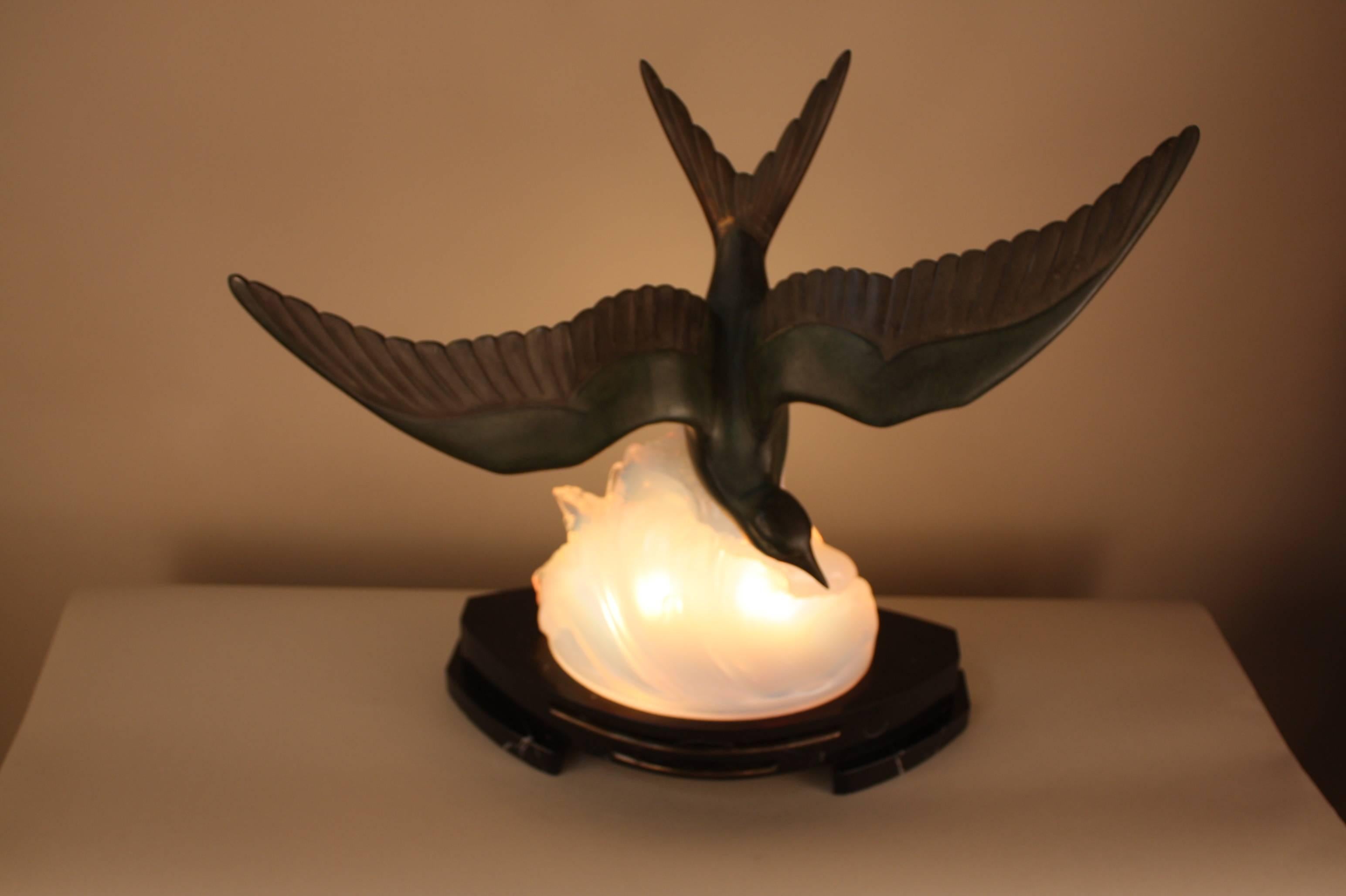 Art Deco Opaline Glass Table Lamp with Flying Bird in Motion by Ezan 4