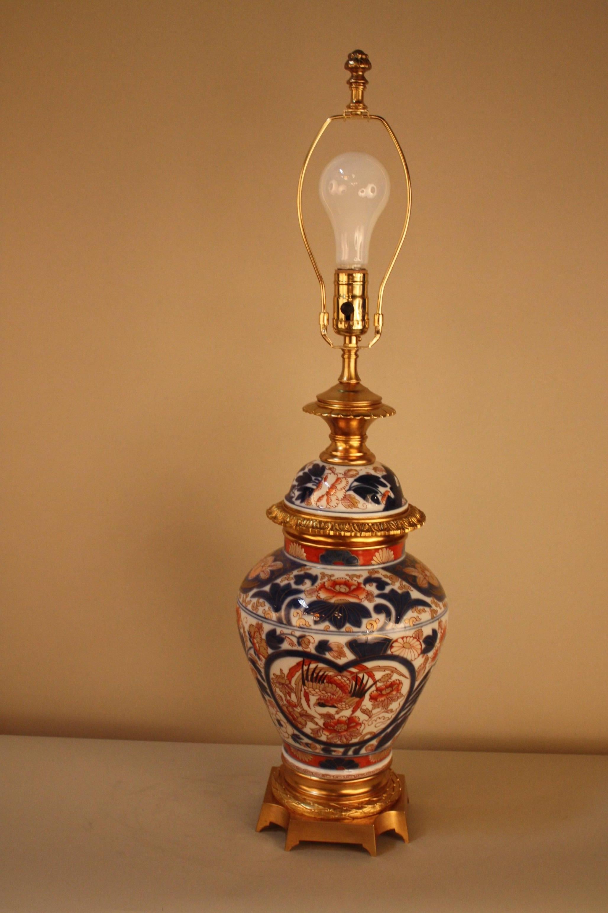 Japanese 19th Century Imari Porcelain and Gilt Bronze-Mounted Electrified Oil Lamp