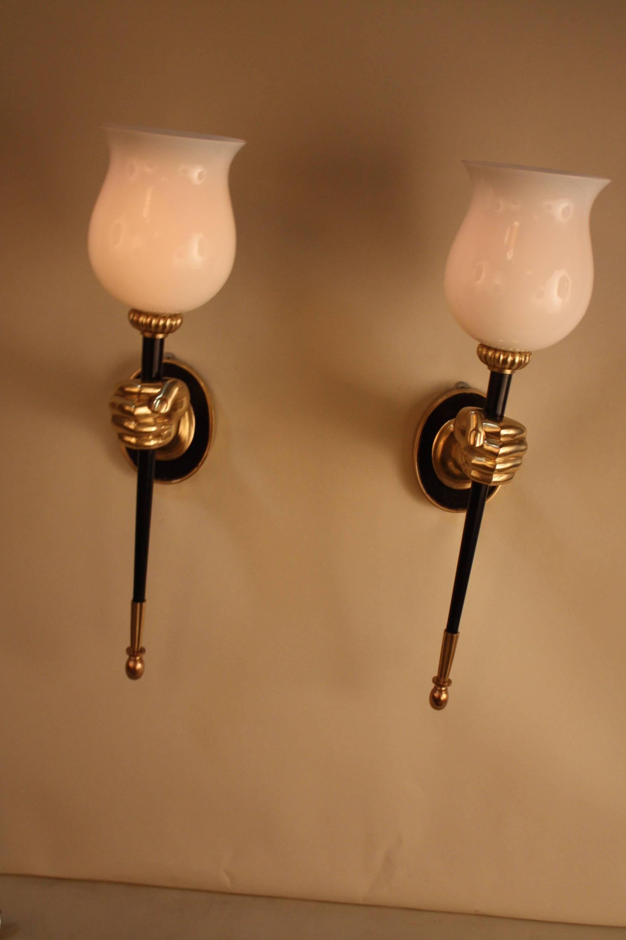 Pair of Bronze Torch Wall Sconces by Maison Jansen 2