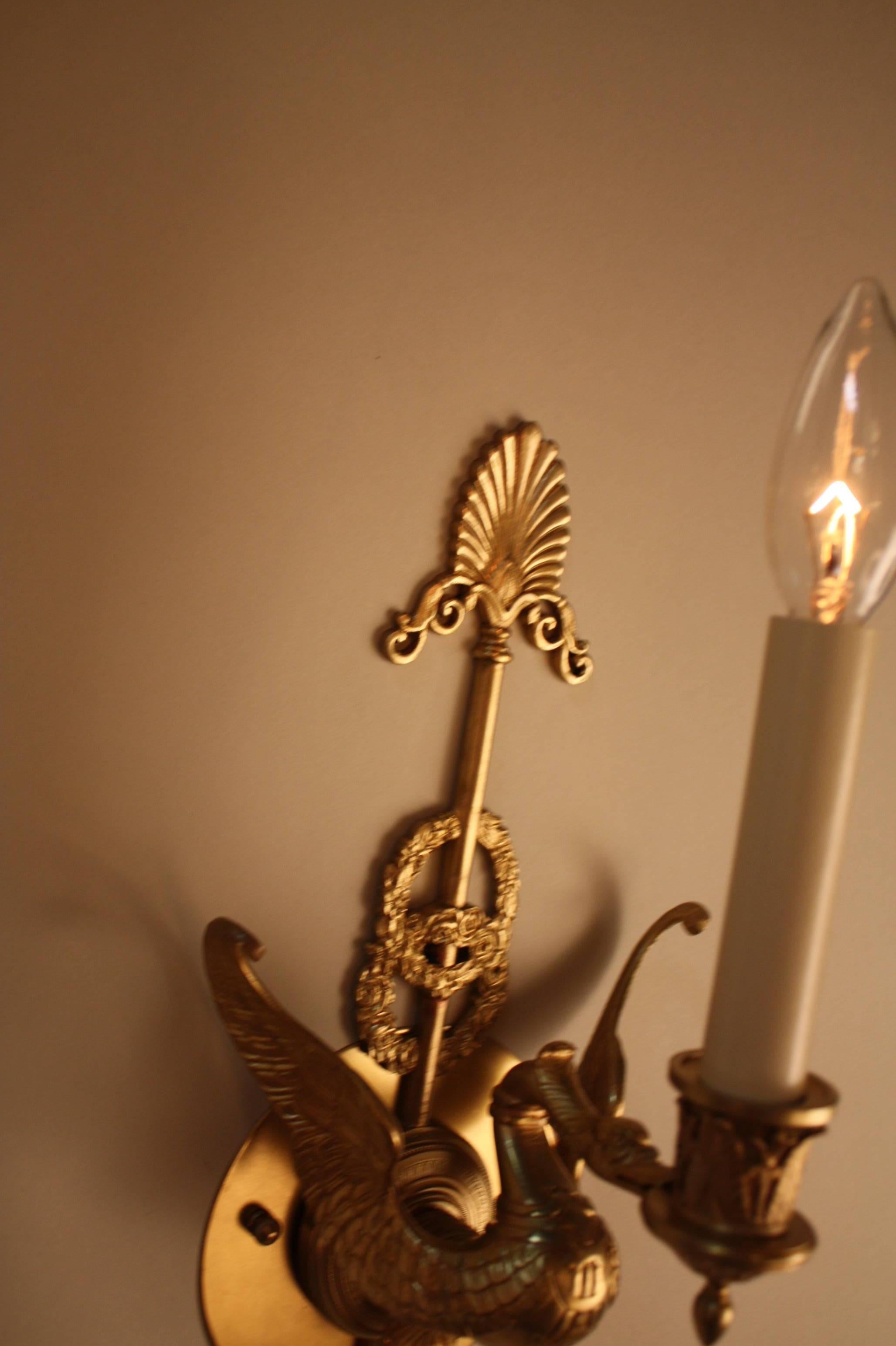 Mid-20th Century Pair of French Empire Style Bronze Swan Wall Sconces