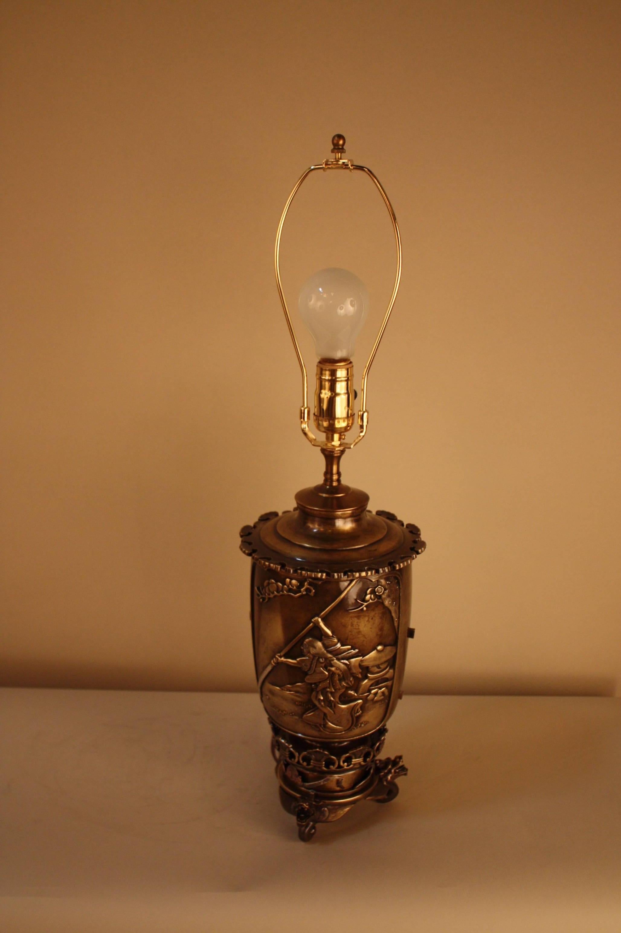 Japanese Meiji Period Bronze Table Lamp 6