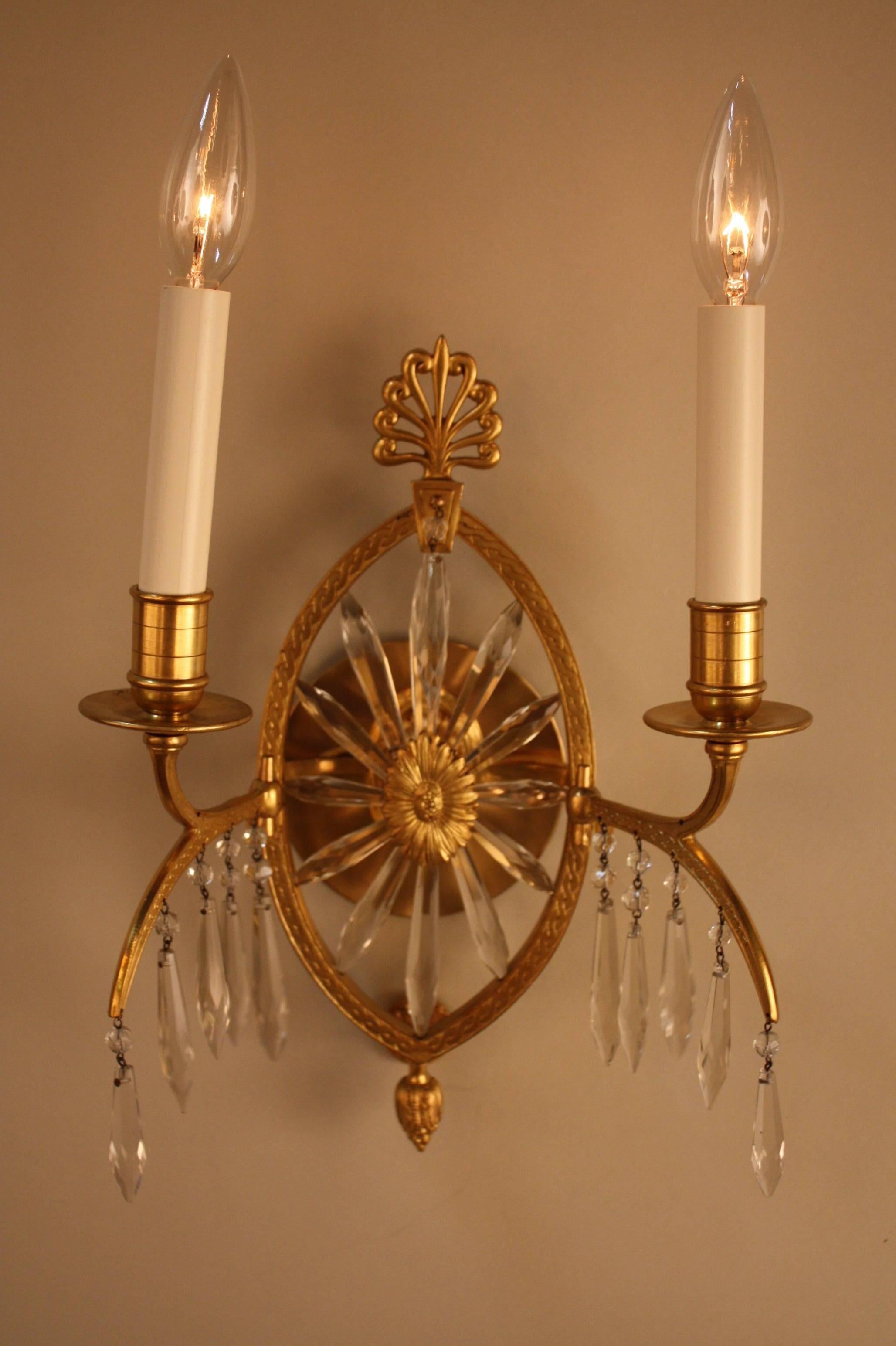 Set of Three 19th Century French Bronze and Crystal Sunburst Wall Sconces 1