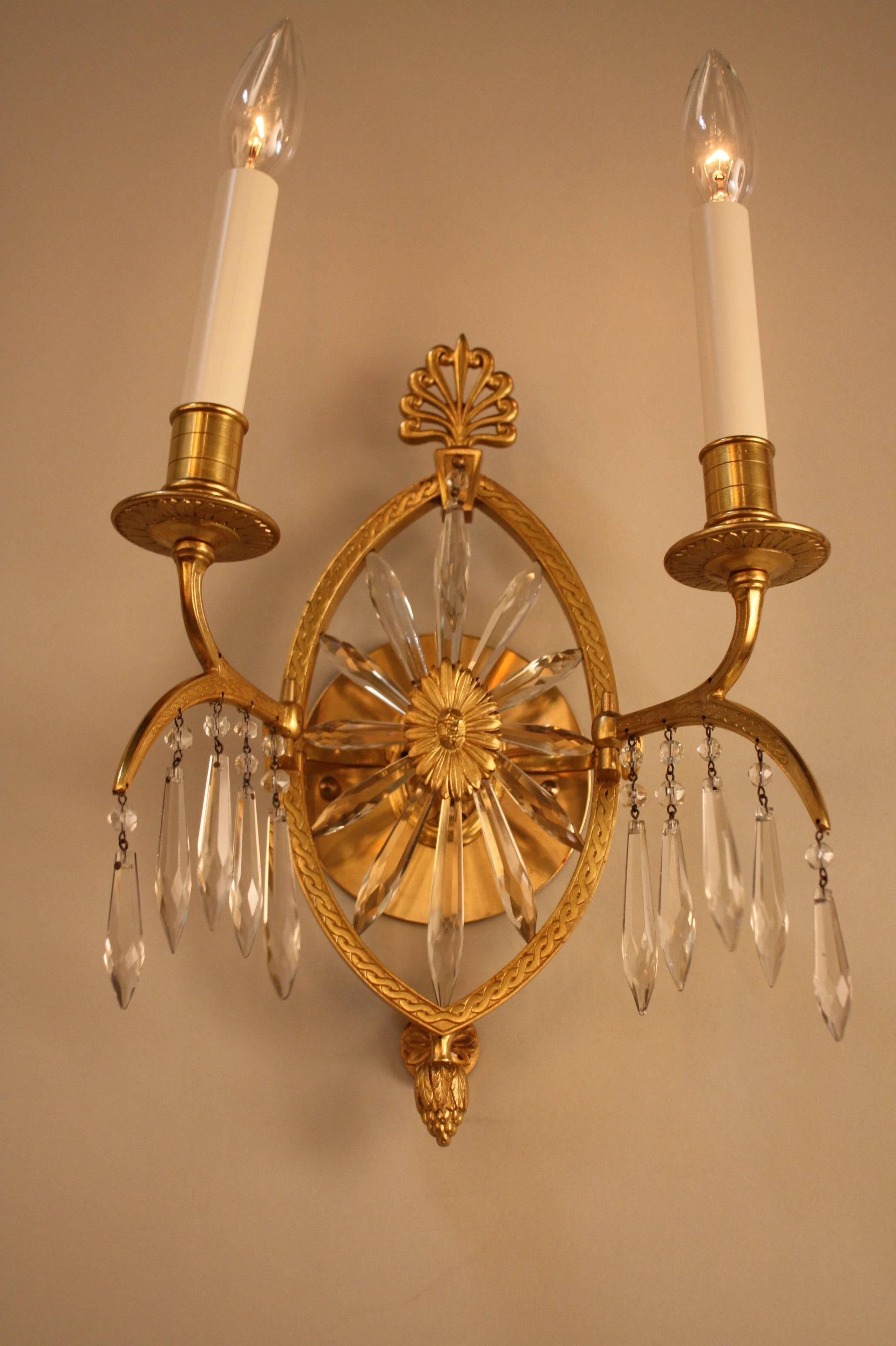 Set of Three 19th Century French Bronze and Crystal Sunburst Wall Sconces 6