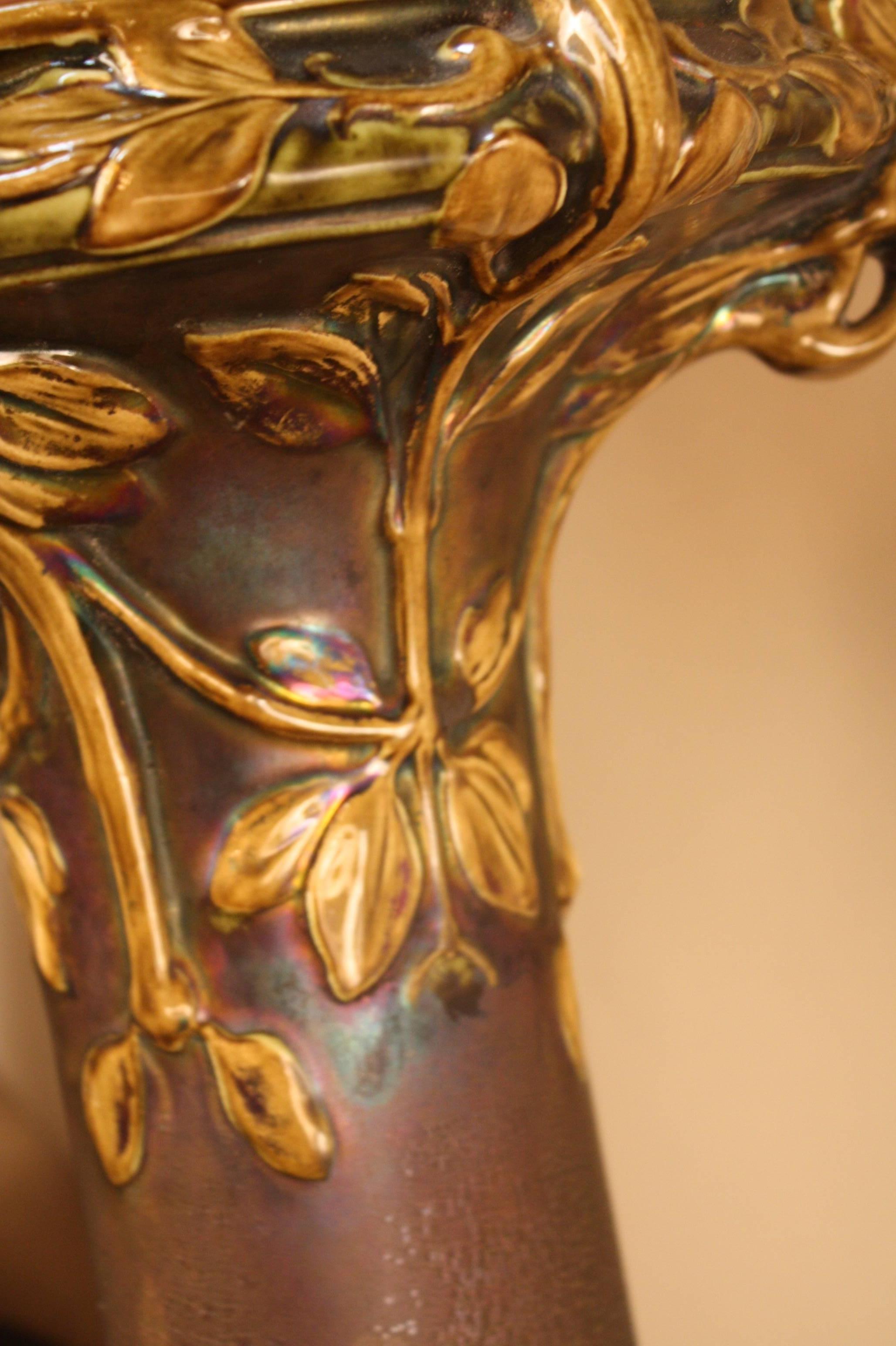 Glazed Art Nouveau, Majolica Pottery Plant Stand, Pedestal