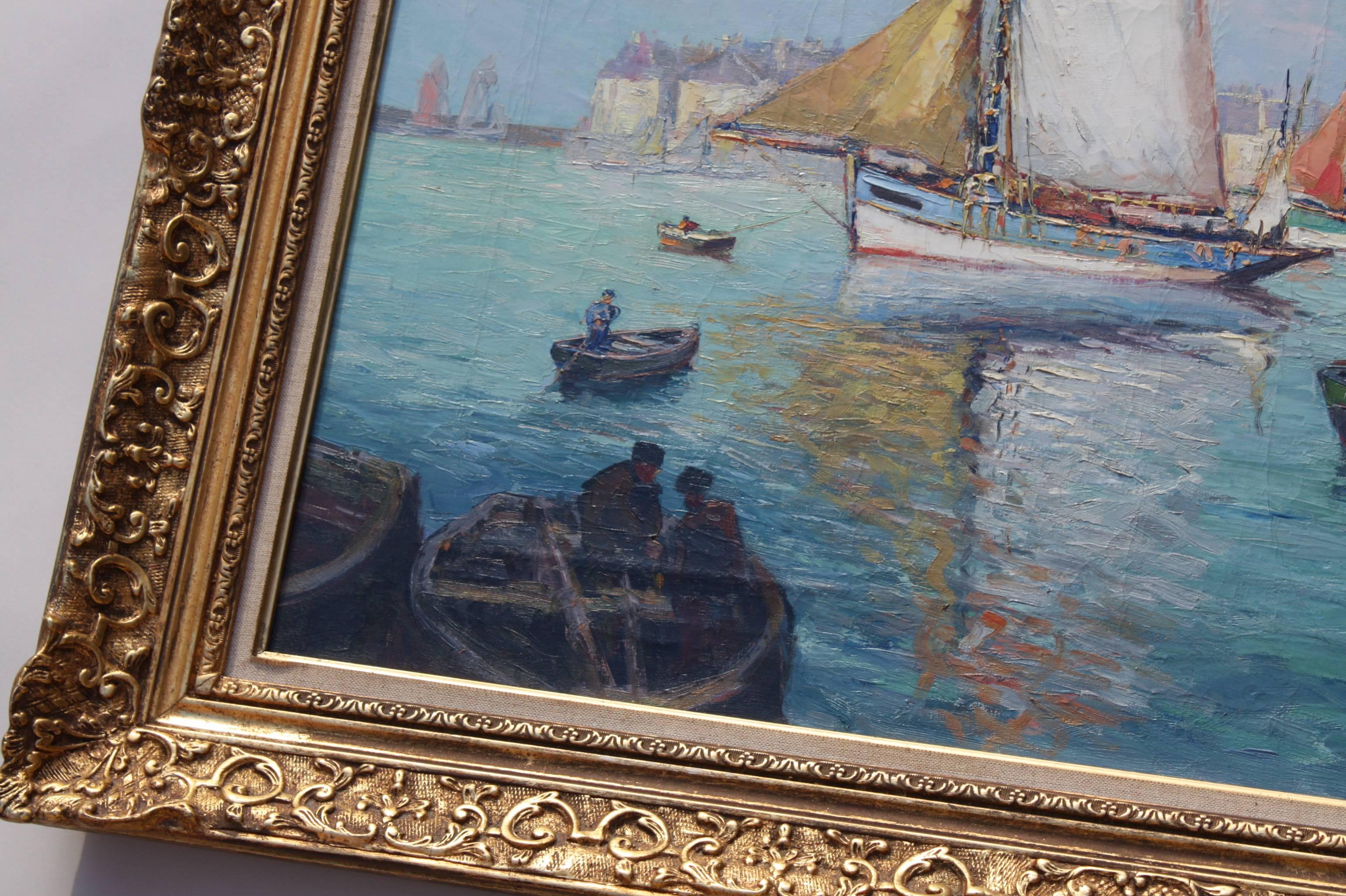 This beautiful impressionistic displays a wonderful scene of boats on the sea. Its small thin, yet visible brush strokes, shadows and vivid contrasting colors exhibit the recognizable impressionist style. 

Unfortunately we are unable to